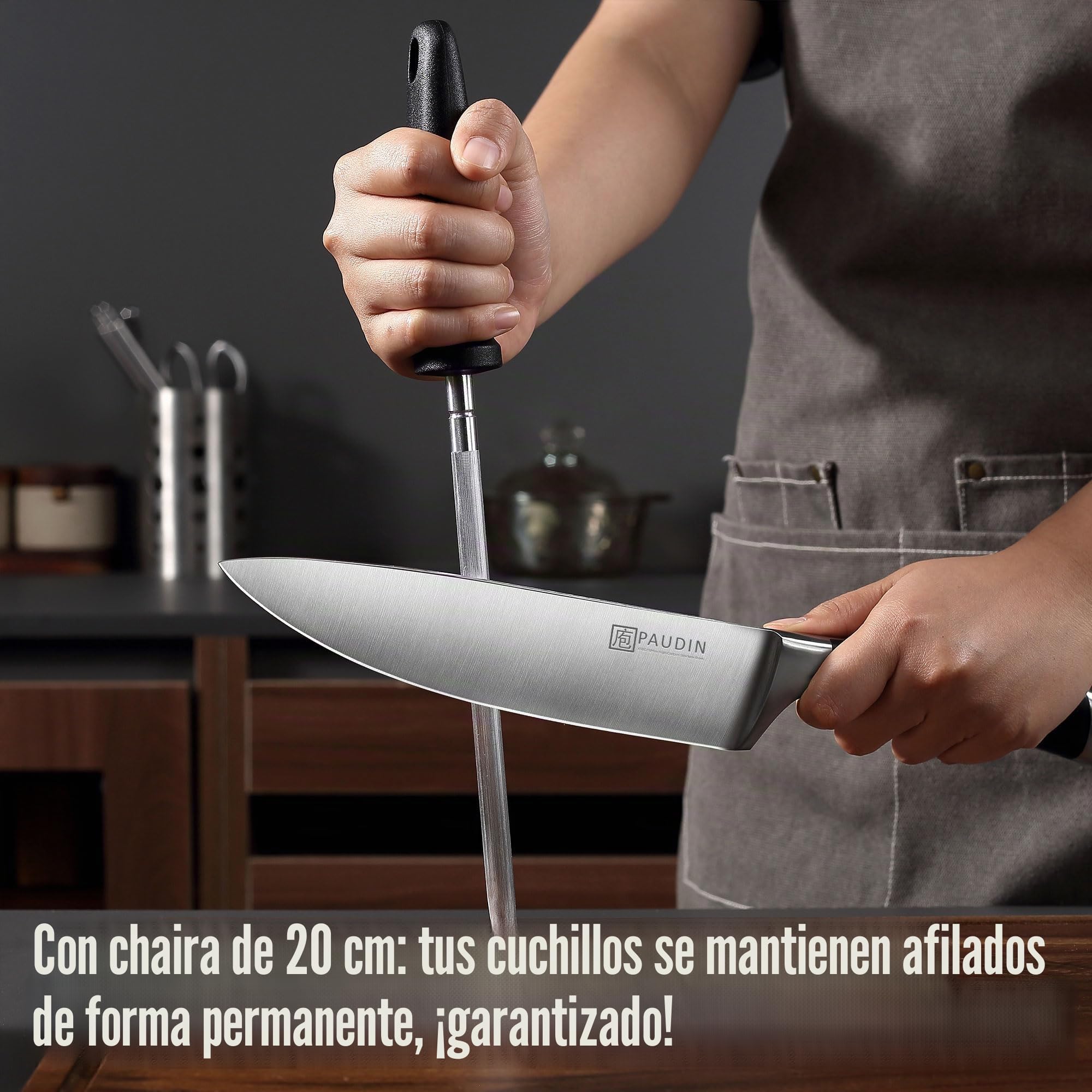 PAUDIN bloque de cuchillos con juego de cuchillos, juego de cuchillos de 7 piezas con bloque de cuchillos, juego de cuchillos de cocina con bloque de madera, juego de cuchillos de cocina profesional