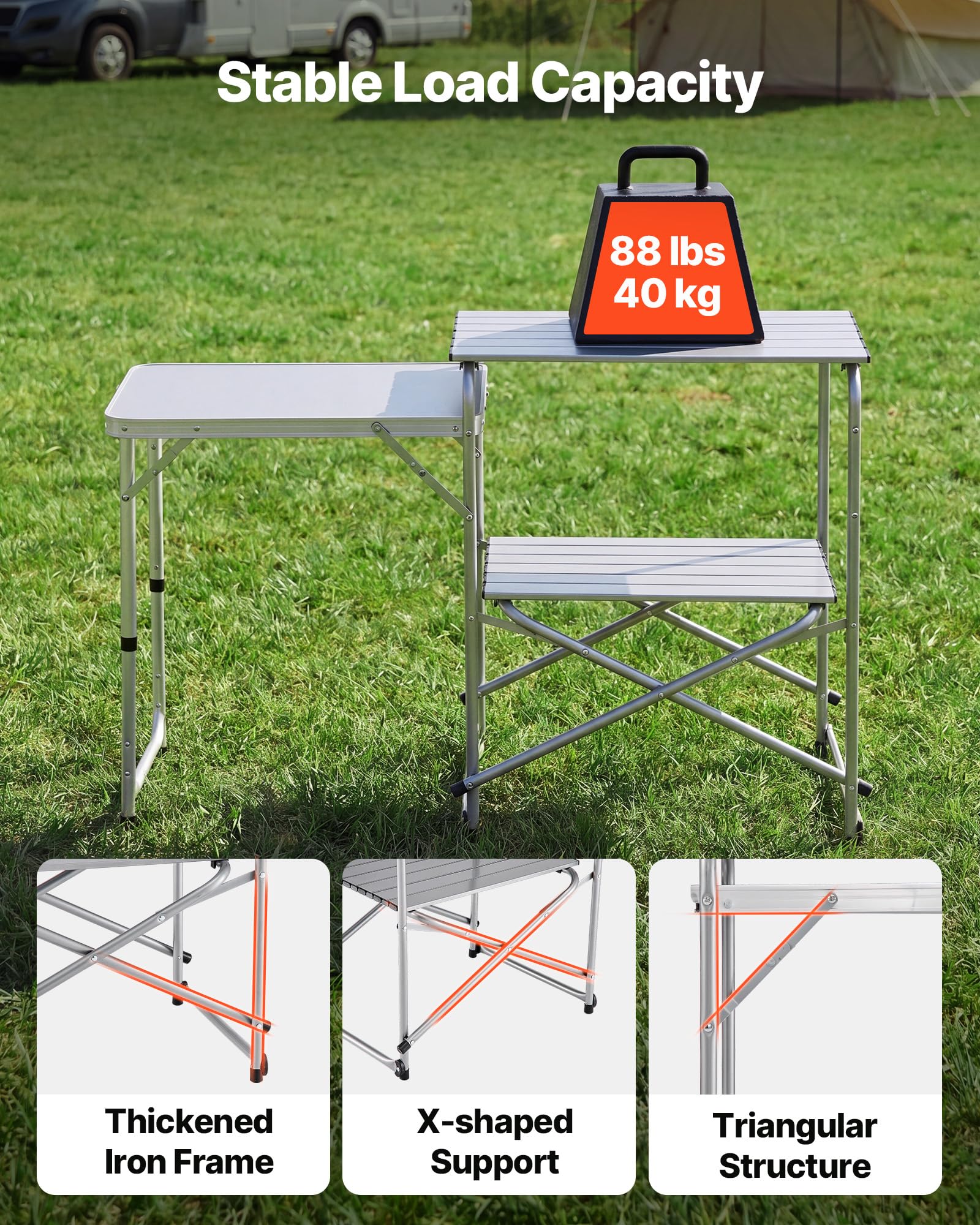 VEVOR Klappbarer Campingtisch, Campingkochstation mit Beistelltisch, Hitzebeständiger Tischplatte und Tragetasche, Tragbare Camping-Küchenstation Ideal für Picknick, Grillen und Wohnmobilreisen