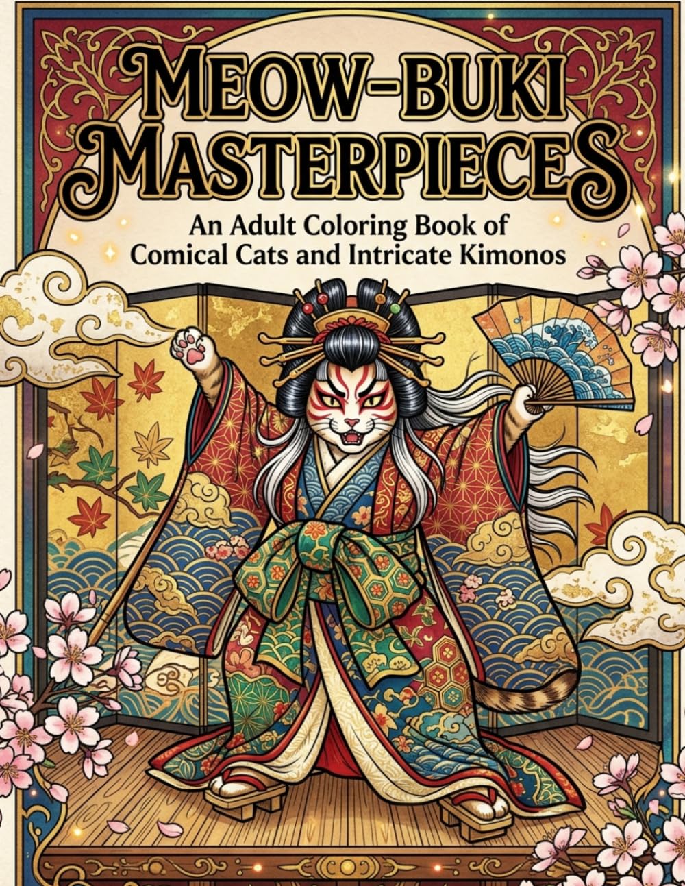Meow-buki Masterpieces: An Adult Coloring Book of Comical Cats and Intricate Kimonos