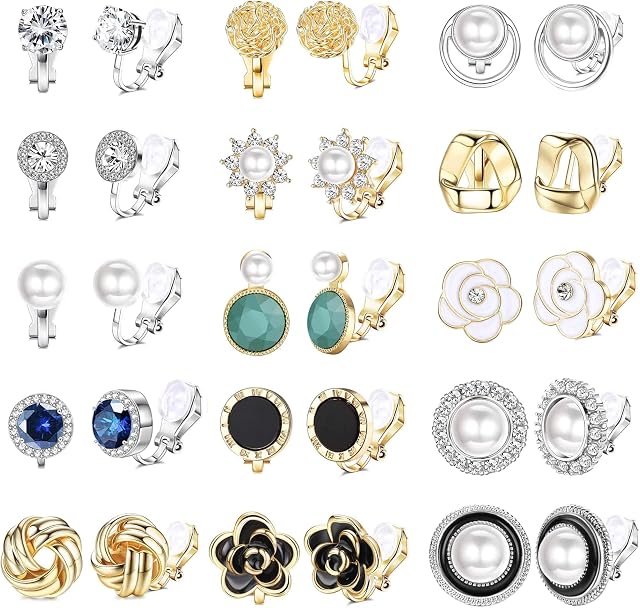 CASSIECA 10-15 Pairs Clip On Earrings Set for Women Girls Gold Silver Non Pierced Clip Earrings Jewelry Rose Flower Pearl Twist Knot Sparkly Cubic Zirconia Crystal Round Non Pierced Clip On Stud Earrings