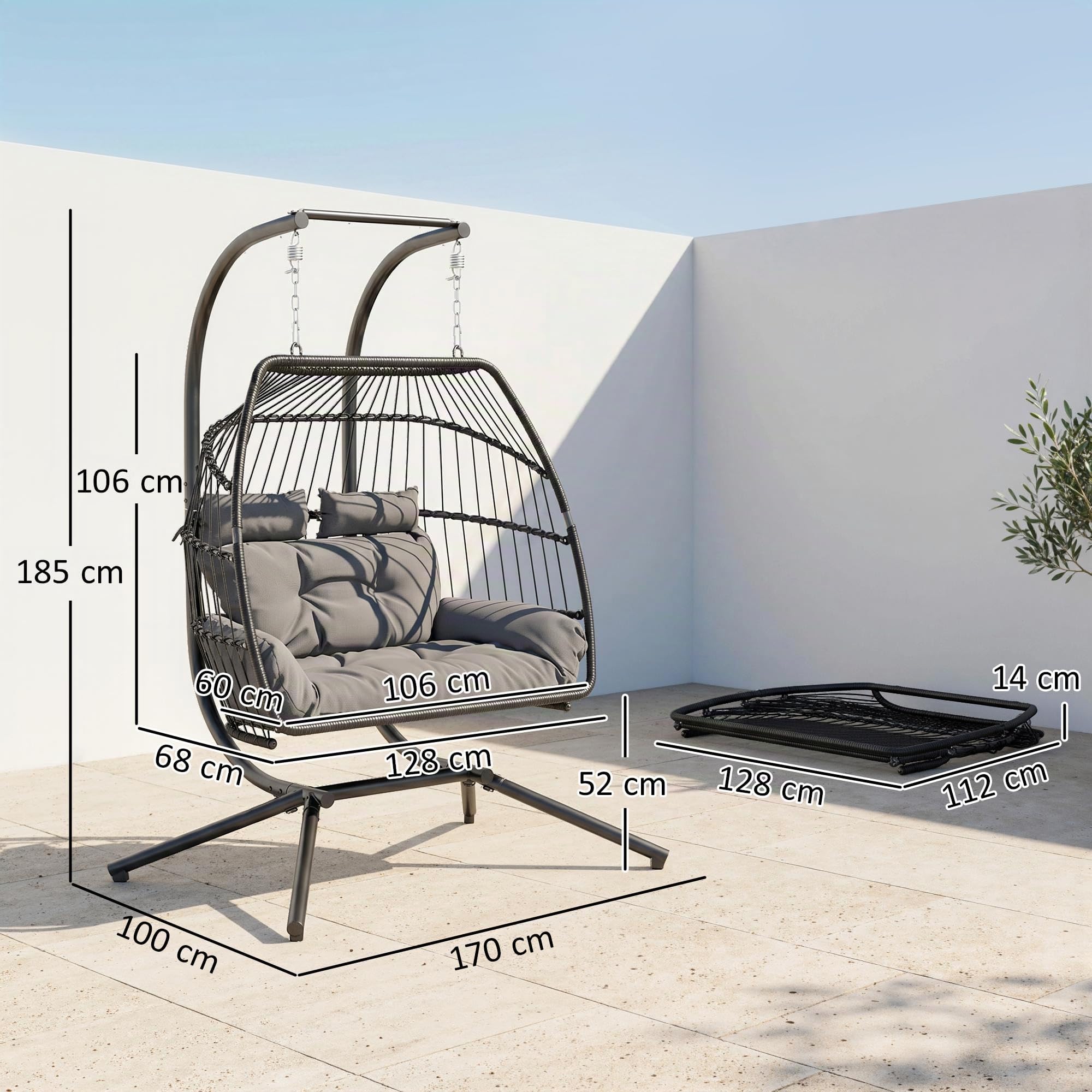 Outsunny Sedia pensile con telaio Cesto pensile pieghevole con cuscino Polyrattan Altalena ergonomica per 2 persone Sedia pensile da esterno Caricabile fino a 260 kg Poltrona per balcone Terrazza