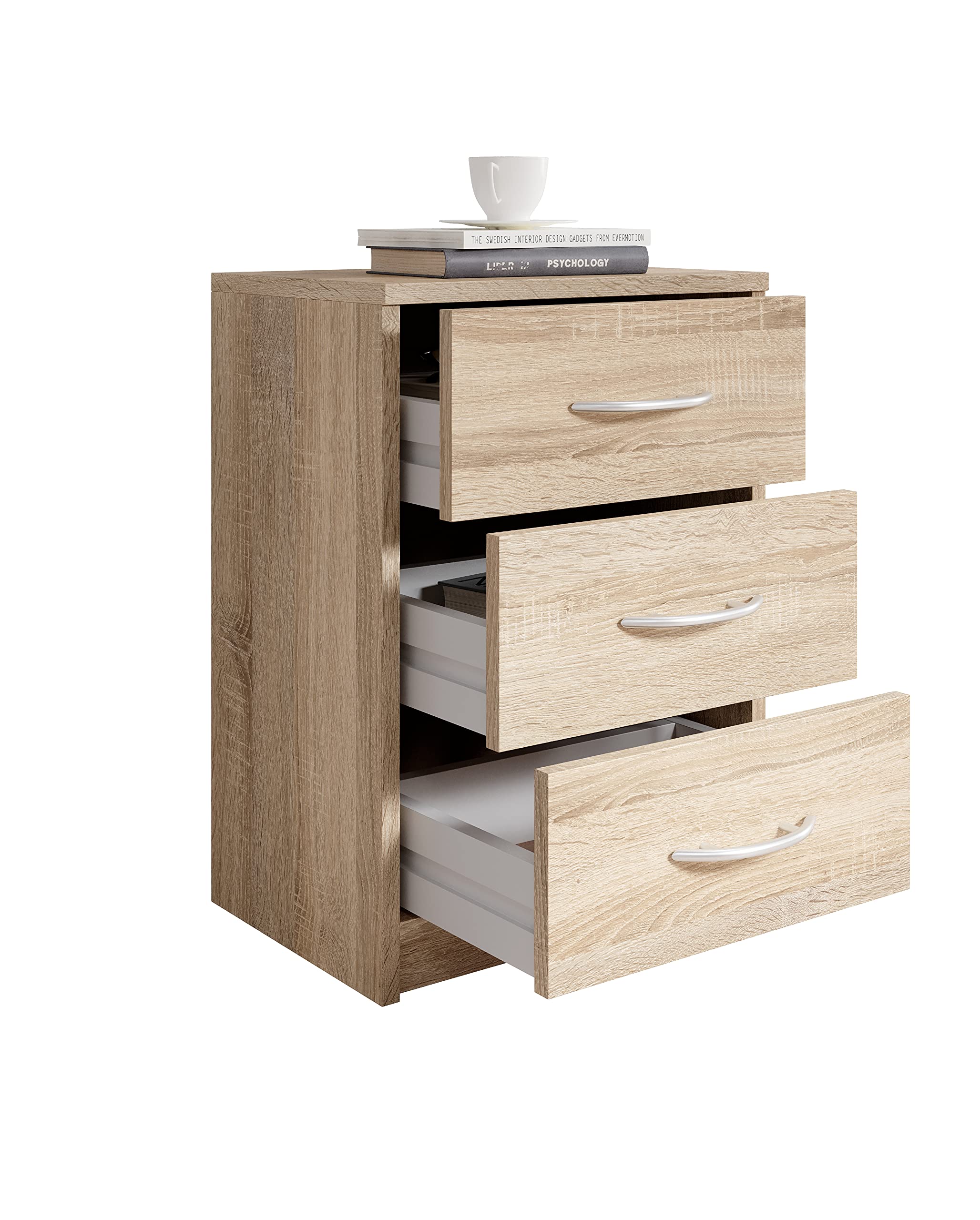 AVANTI TRENDSTORE - Pepe - Comodino in legno laminato con 3 cassetti. Disponibile in diversi colori. Dimensioni LAP: 38,5x54,2x28,2 cm (quercia Sonoma)