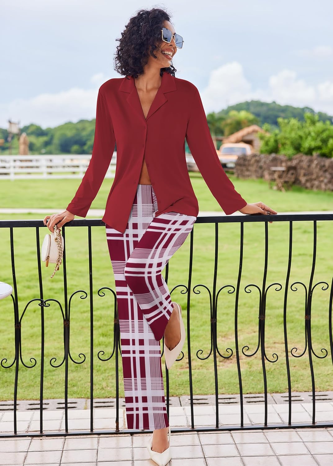 Ekouaer Women's Pajamas Sets Button Down Long Sleeve Lounge Sets Soft 2 Piece Pants Sleepwear - Image 5