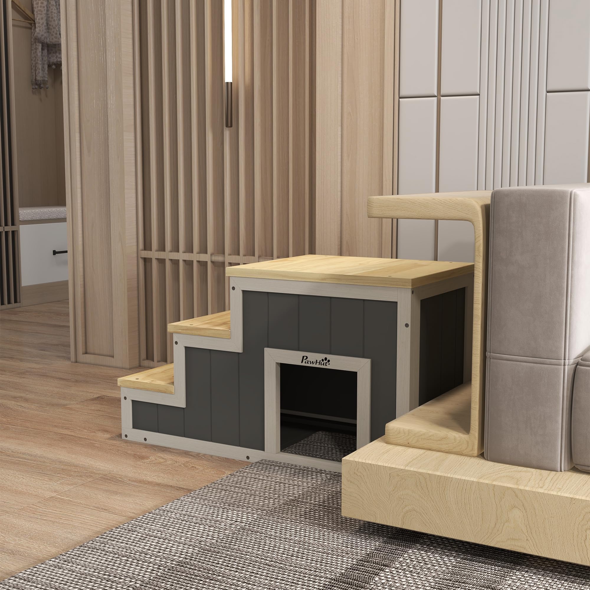 PawHut 2-in-1 Hundetreppe, Katzentreppe mit Höhle, Haustiertreppe mit 3 Stufen, Haustierrampe aus Holz, Katenleiter bis 8 kg Belastbar, für Sofa, Bett, Natur, Grau