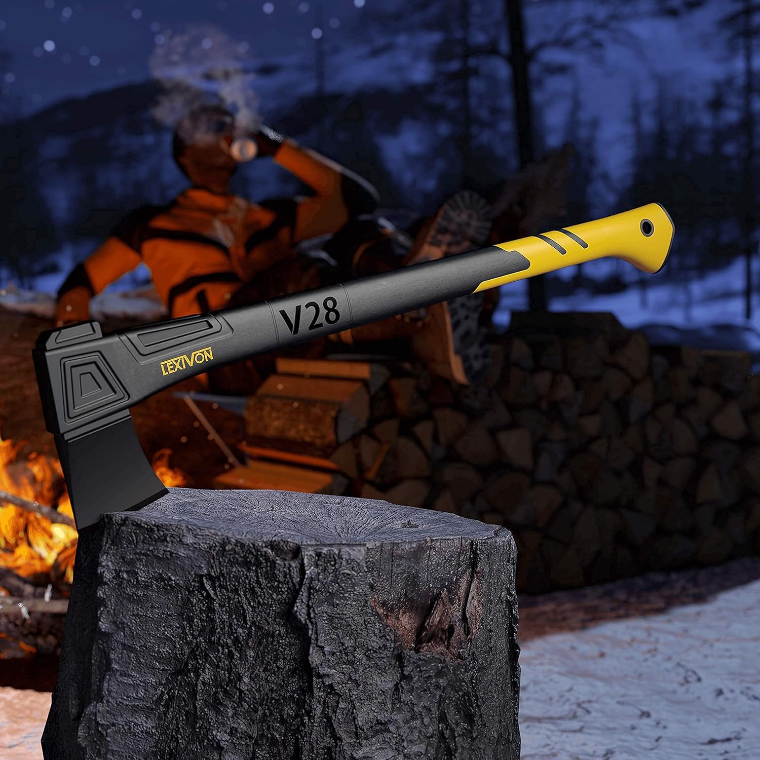 LEXIVON LX-V28 axe stuck in a log after splitting attempt