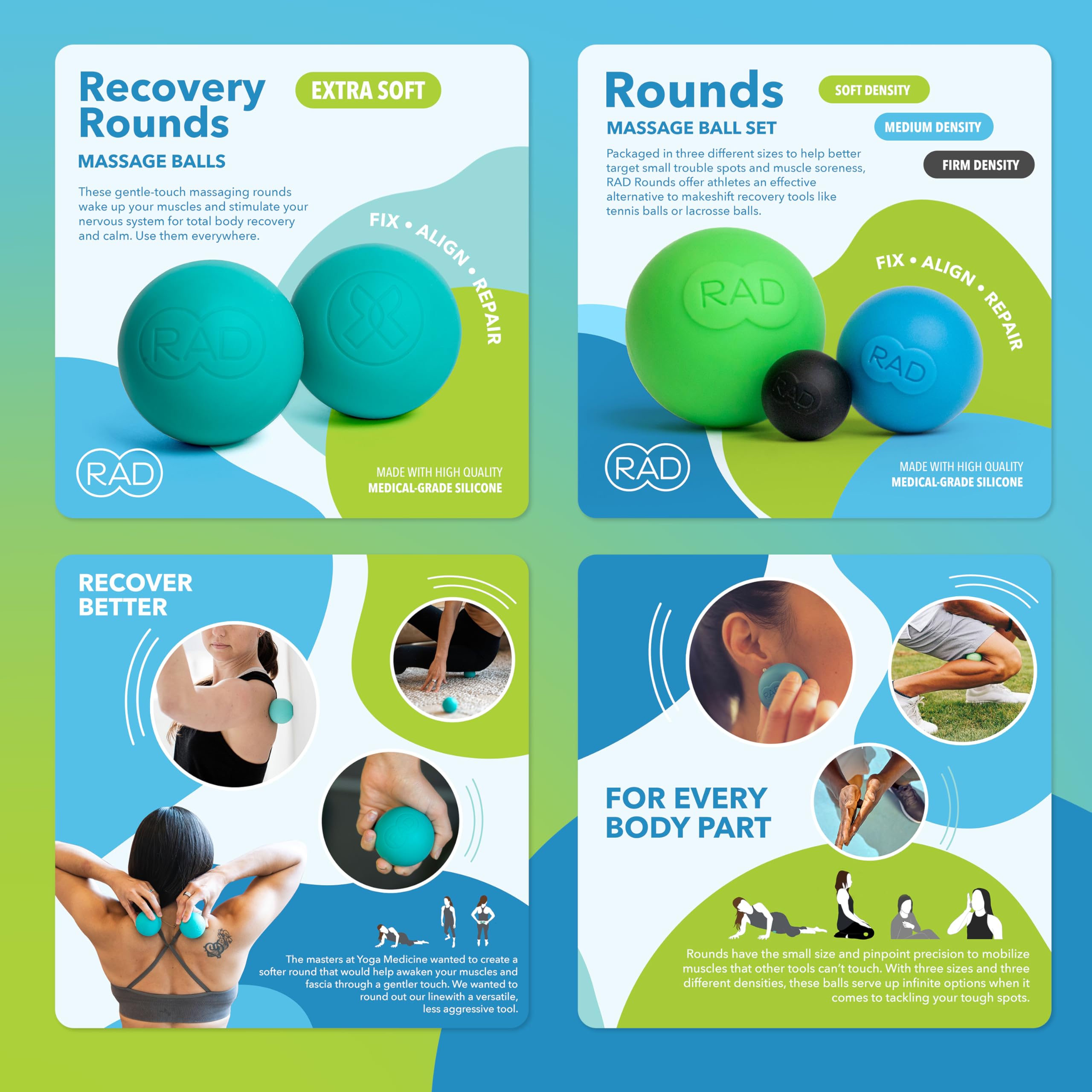 RAD Yoga-Bundle für myofasziale Entspannung, Muskelerholung & Entspannung - Enthält Mehrzweck-Yoga-Block, Neuroball-Fußrolle, Erdnuss- und Massagebälle in mehreren Größen und Dichten