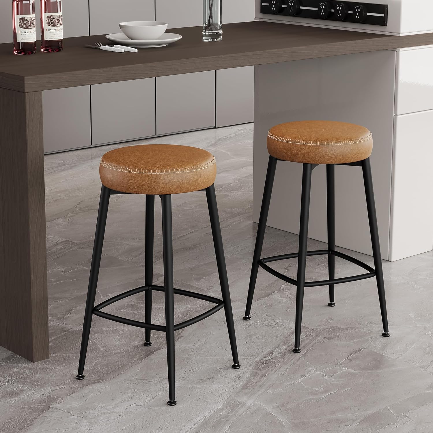 Bar Stools Set of 2, 26.3" H Faux Leather Counter Height Bar Stools, Mid-Century Modern Backless Counter Stools for Kitchen Island, Home Bar, Rustic Brown