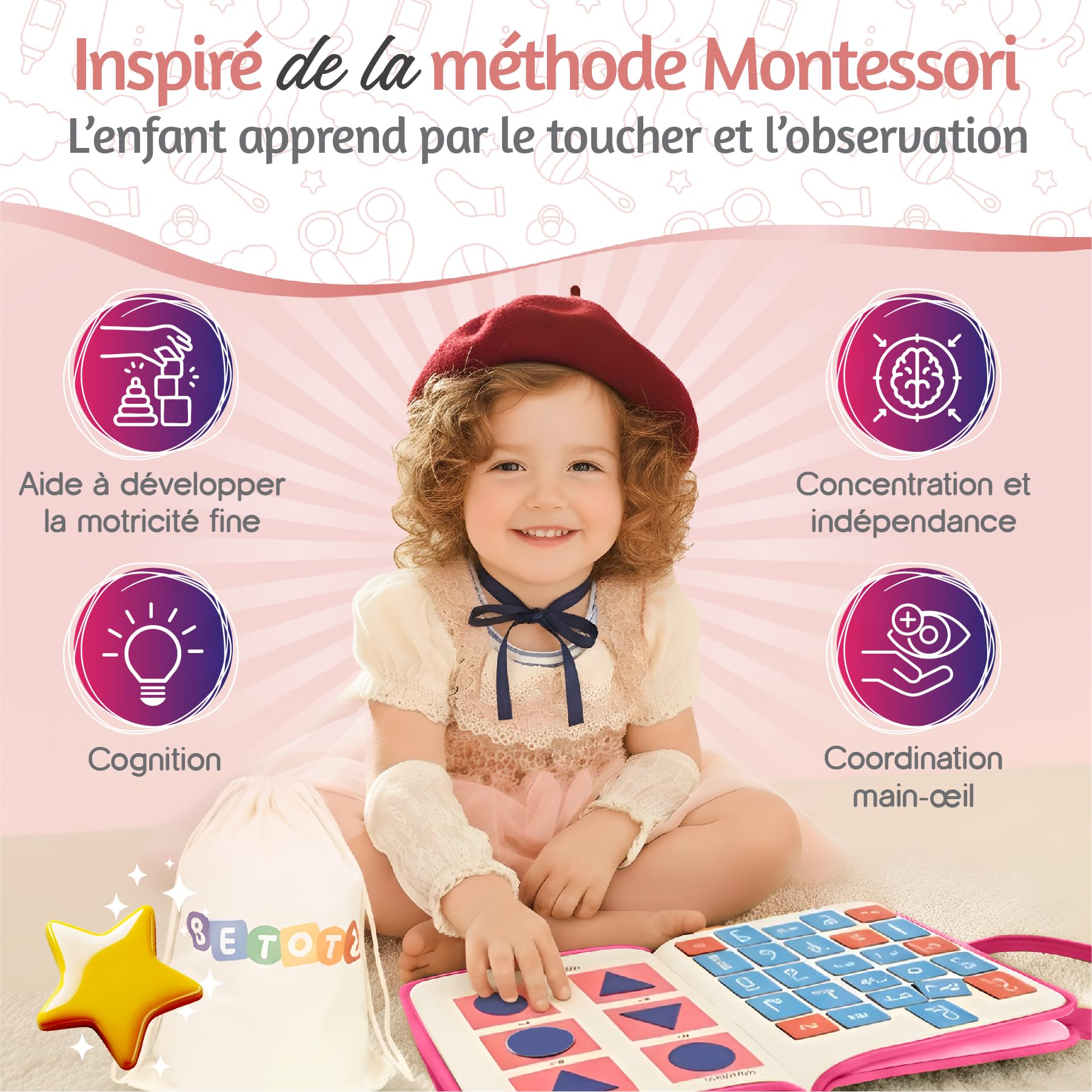 BusyBoard Montessori Français – Livre d’Activités Éducatif & Sensoriel – 2-6 Ans – 10 Pages Interactives – Montessori Authentique – Animaux, Formes, Lettres & Motricité (Rose)