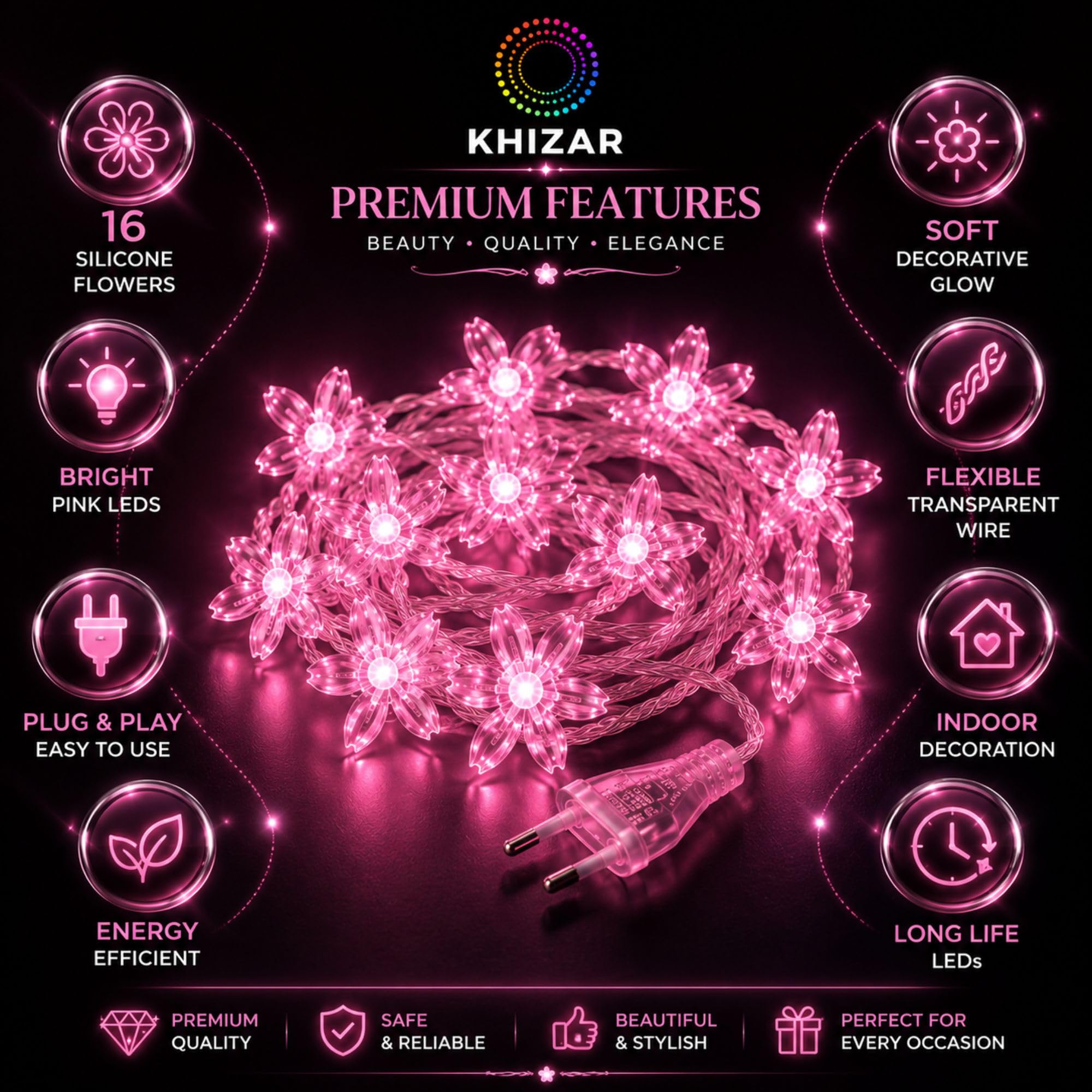 KHIZAR 16 LED Pink Silicone Flower String Light, Plug in Fairy Lights with Transparent Gel Wire for Bedroom, Wall, Mirror, Wedding, Diwali, Birthday, Party & Home Decoration 4