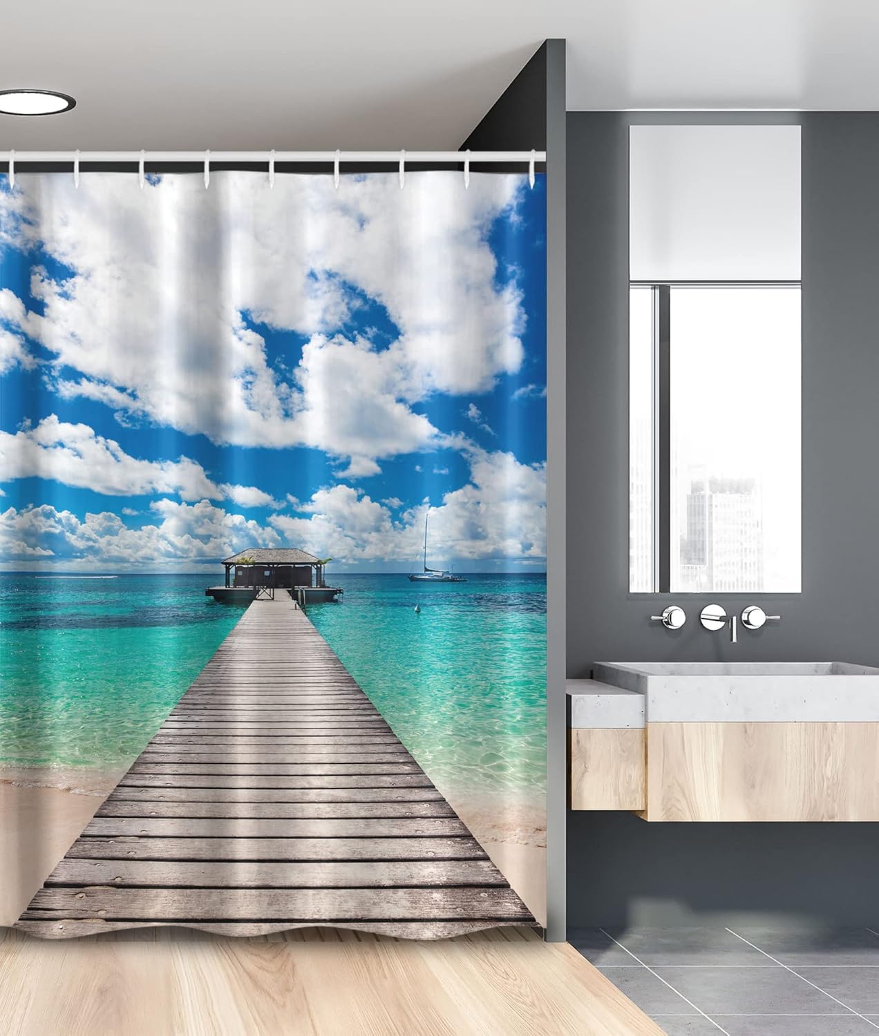 Ambesonne Ocean Stall Shower Curtain, Caribbean Seascape Jetty and Sail Boat Cloudy Sky Clear Exotic Americana, Fabric Bathroom Decor Set with Hooks, 54" W x 78" L, Turquoise Blue White