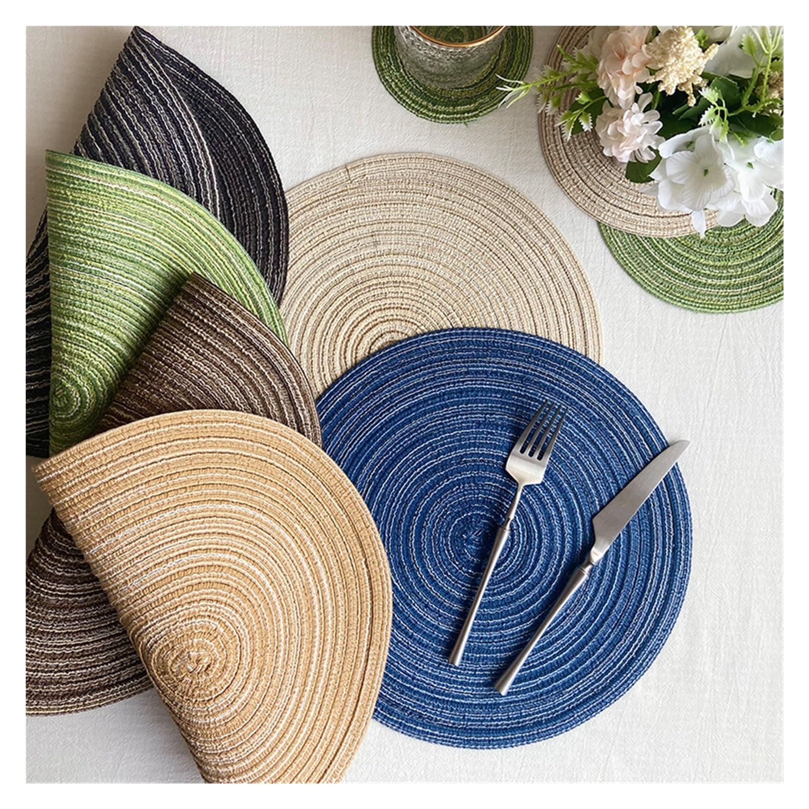 Lot de 36 dessous de verre isothermes en fil de coton de style nordique - Tapis de table rond tissé en ramie - Plaque d'isolation thermique anti-brûlure - Dessous de verre antidérapant (noir gris)