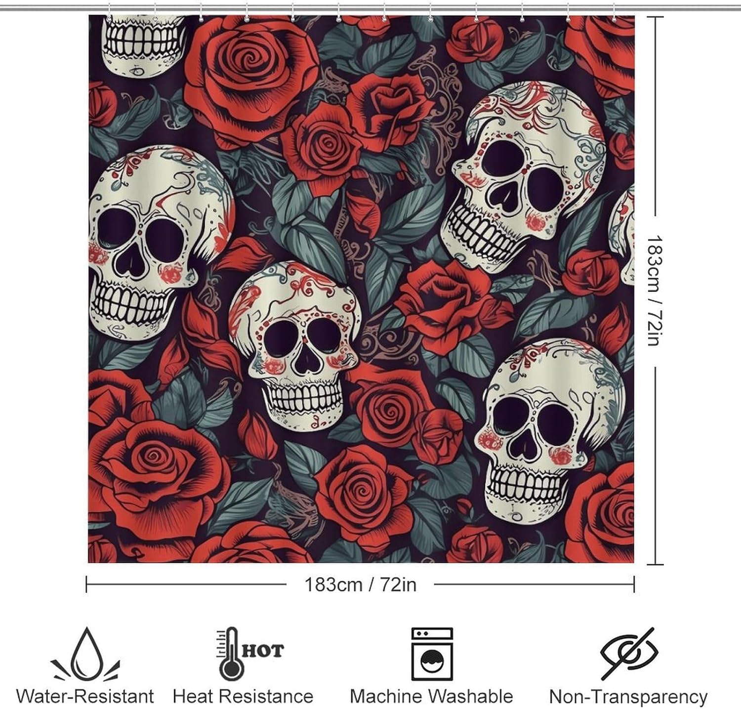 Sugar Skulls and Red Roses Shower Curtain Set 4 Piece, Non-Slip Bath Mat with Toilet Lid Cover and Waterproof Shower Curtain with 12 Hooks, Complete Bathroom Set for Home Decor