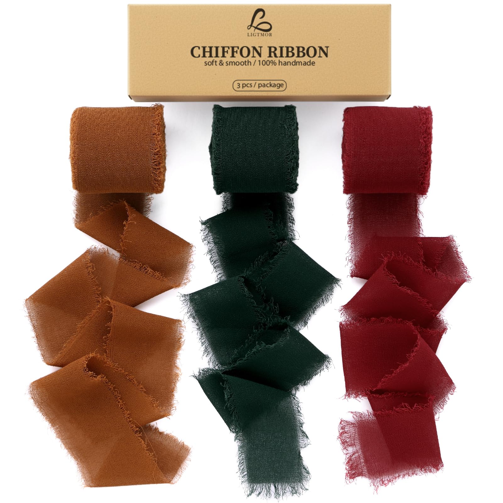 Ligtmor Chiffon Silk Ribbon 3 Rolls 1.5'' x 7 Yd Green & Cream, 1.5'' x 21 Yd Sage Green Ribbons Handmade Fringe for Wedding Invitations, Bridal Bouquets, Gift Wrapping, Holiday Decoration