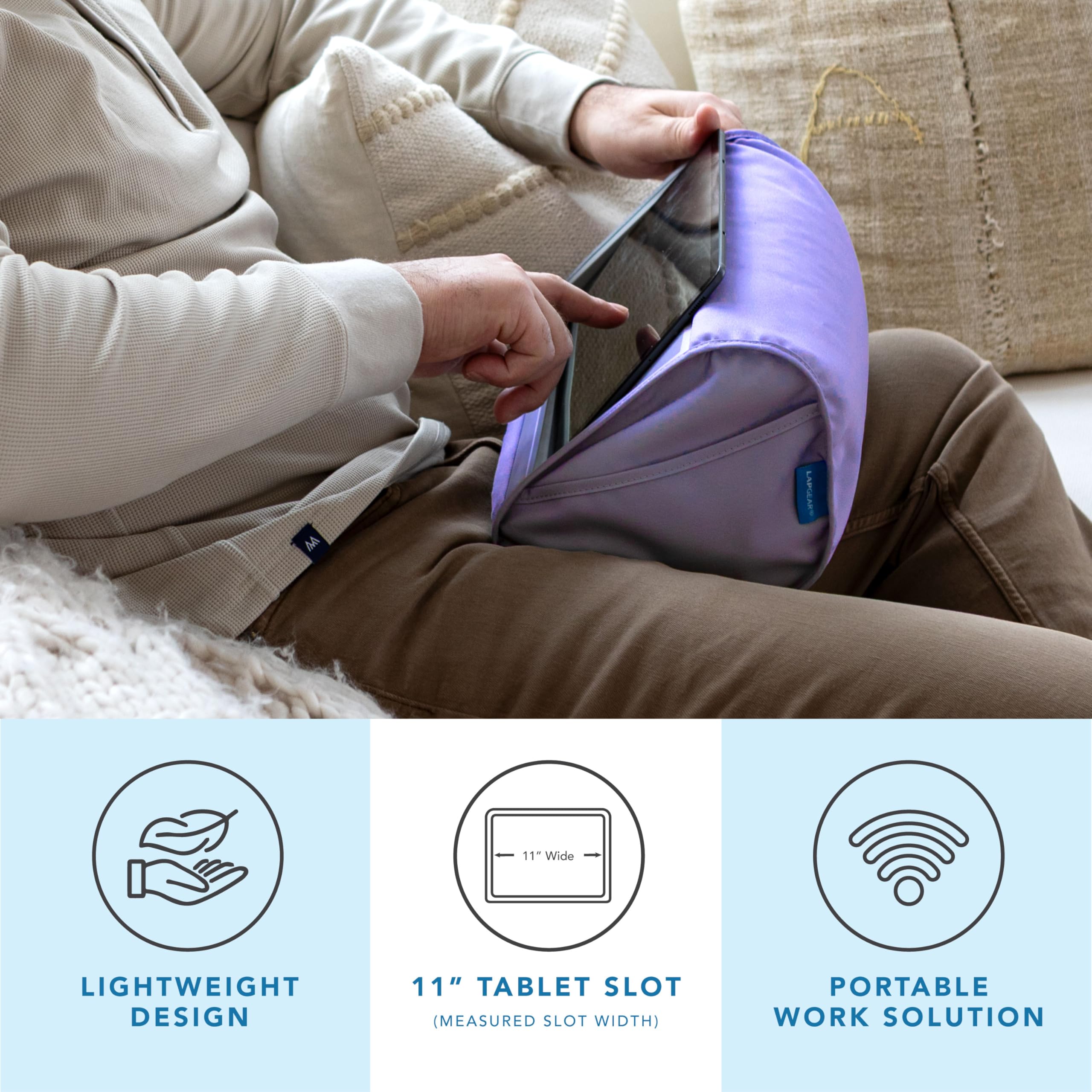LapGear Supporto per tablet – Slot per iPad, Galaxy Tabs, Kindle, e-reader e telefoni | Supporto imbottito con tasca portaoggetti e maniglia | Viola ametista - Stile n. 33102