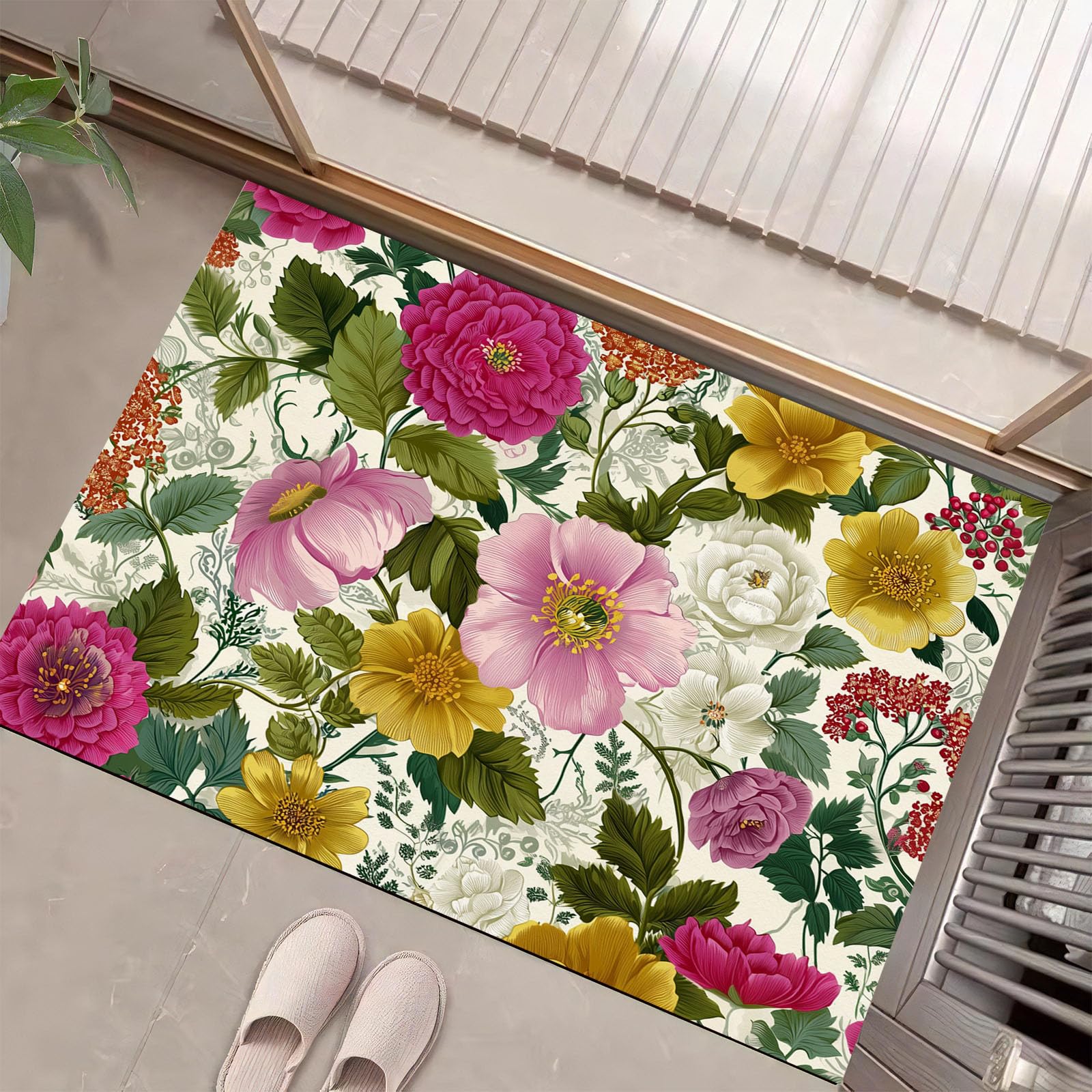 Tapis de sol facile à nettoyer avec motif plantes médiévales beige