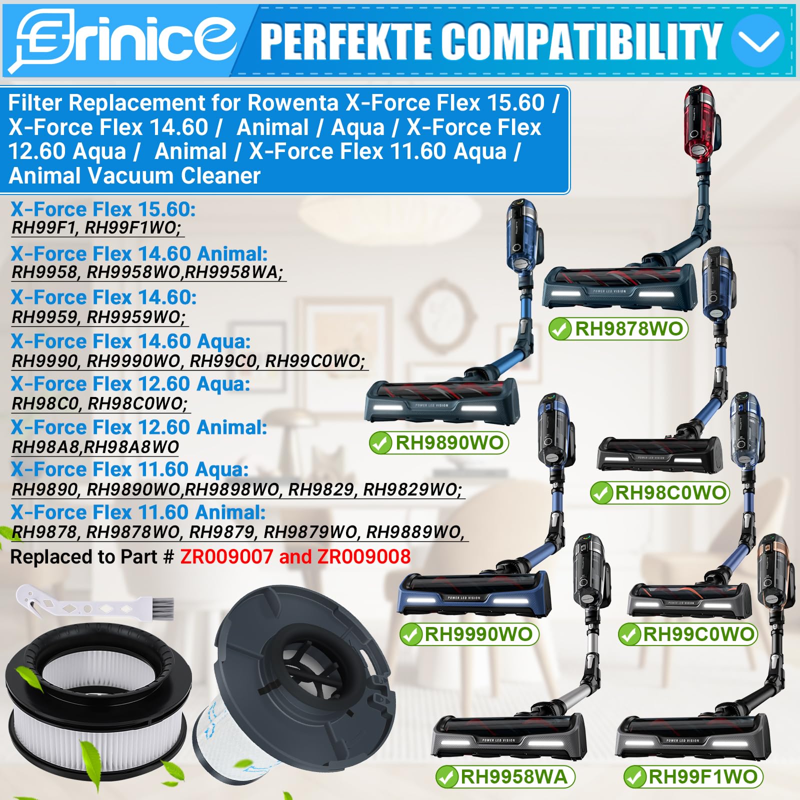 Kit Filtres Rowenta X-Force Flex - 2 Pré-moteur + 2 Post-moteur | Compatible RH9878, RH9958 Et Autres Modèles