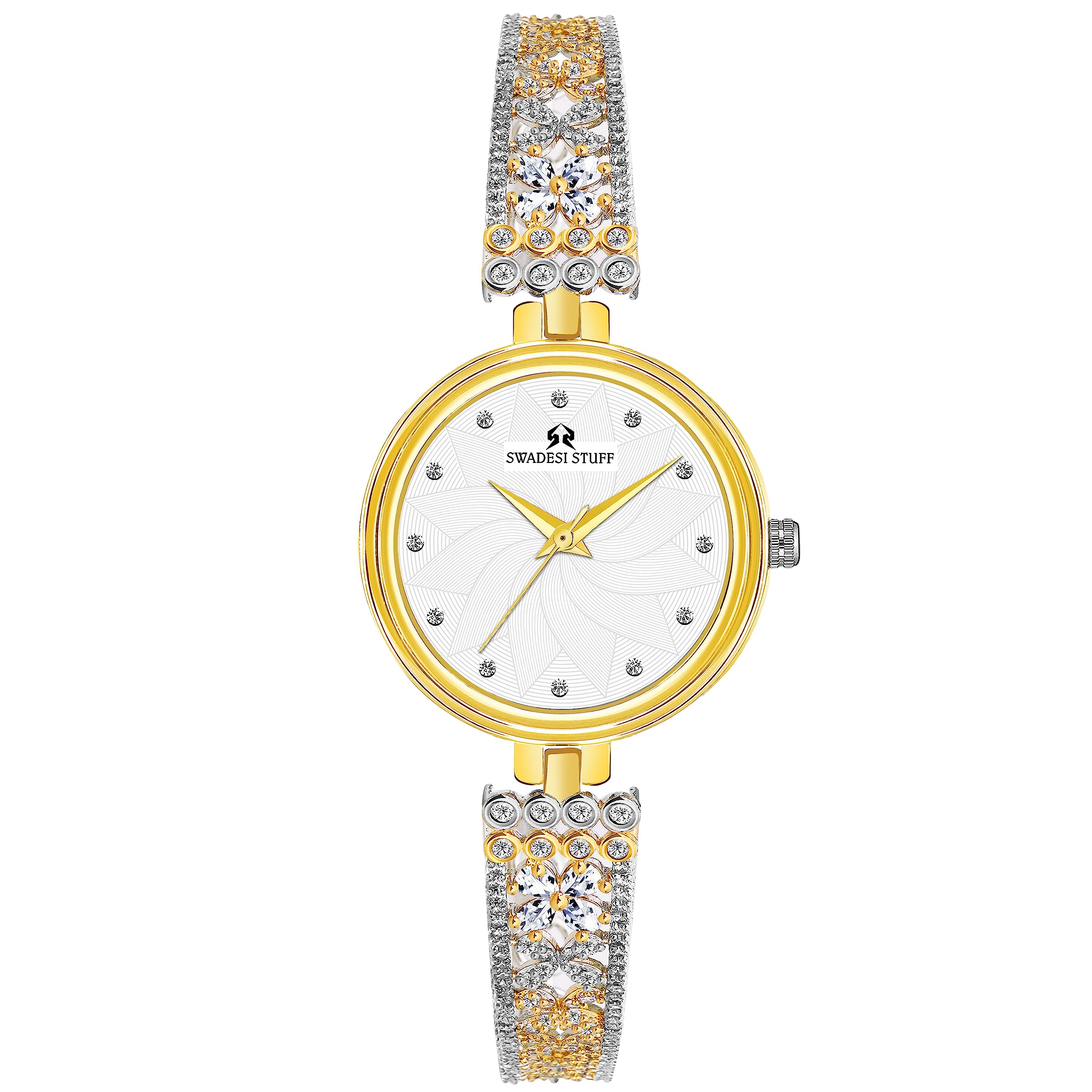 SWADESI STUFF Stainless Steel Diadem White Dial Premium & Luxurious Diamond Studded Gold Strap Analog Watch For Women, Gold Band (B0C6HX9HBL) Amazon Price History, Amazon Price Tracker