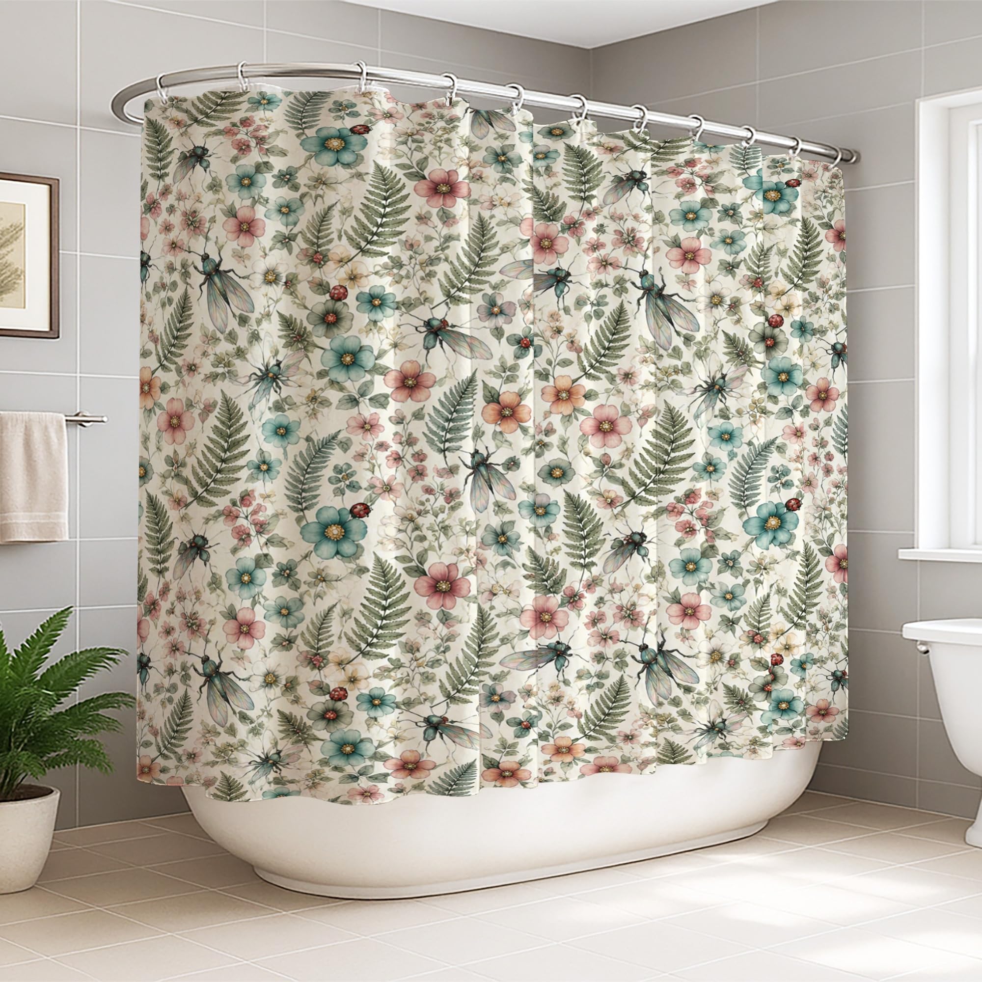 Rideau de douche extra large 274x183 cm en tissu imperméable imprimé fougère vert