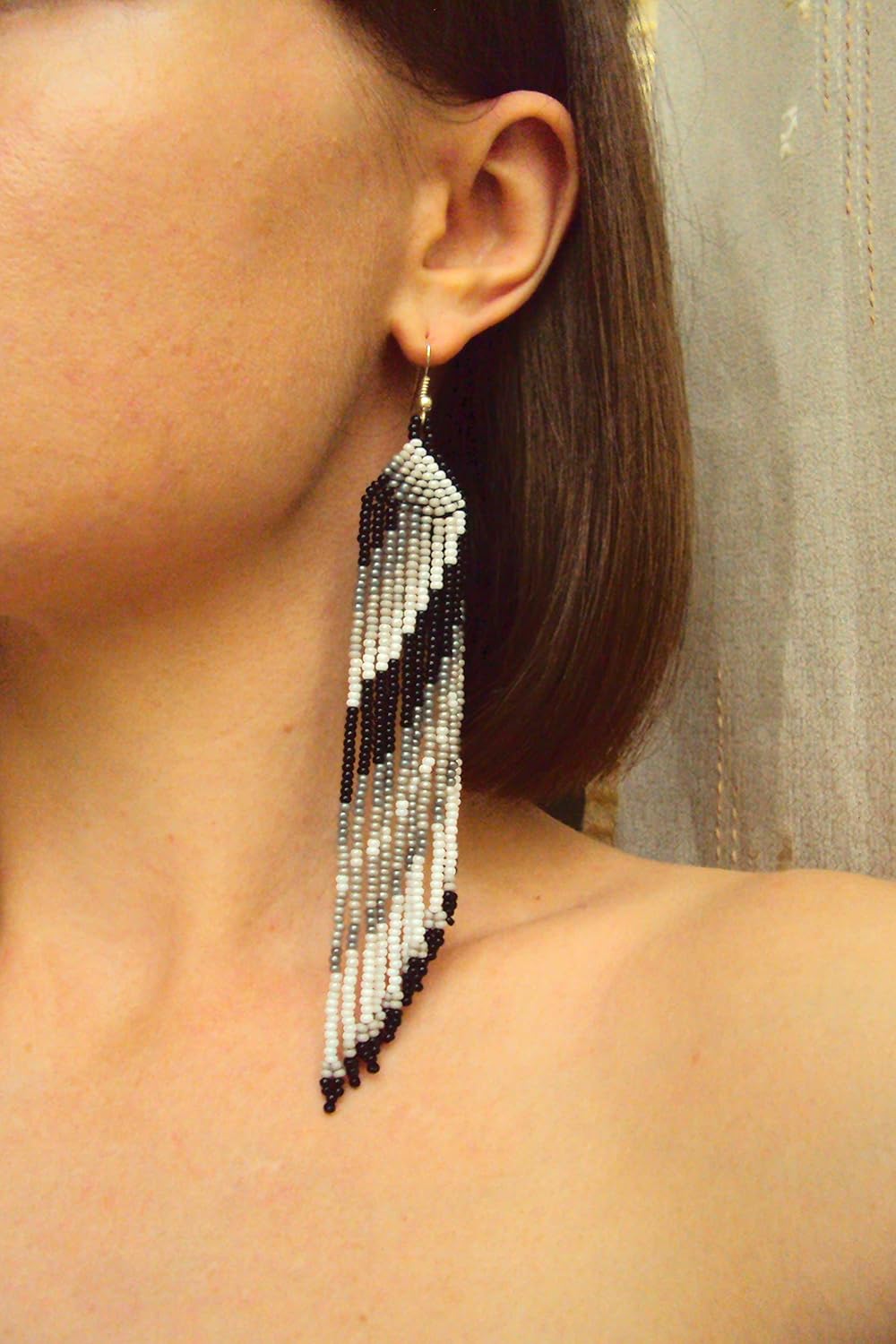 Black and White Beaded Earrings Handmade Gray Gradient Bold Statement Chandelier Fringe Bohemian Jewellery for Women Valentine's Day Earrings