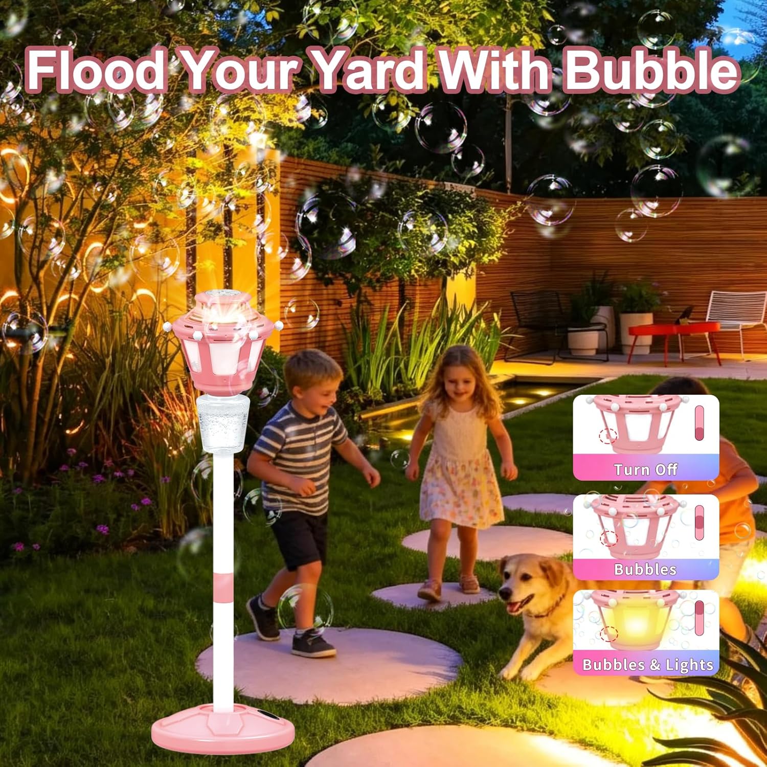 2 Pack Bubble Machine for Kids, Automatic Bubble Blower with Light & Rechargeable Battery, 40 Inch Adjustable Height Outdoor Toys for Party, Toddlers, Sibling Gifts (Includes 6 Solution), Pink