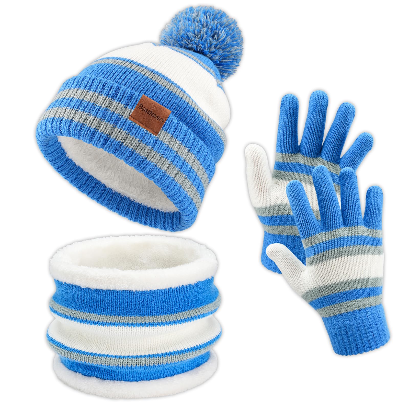 Kids Winter Hat Gloves Scarf Set: Girls Boys Beanie Fleece Lined Ages 6-10