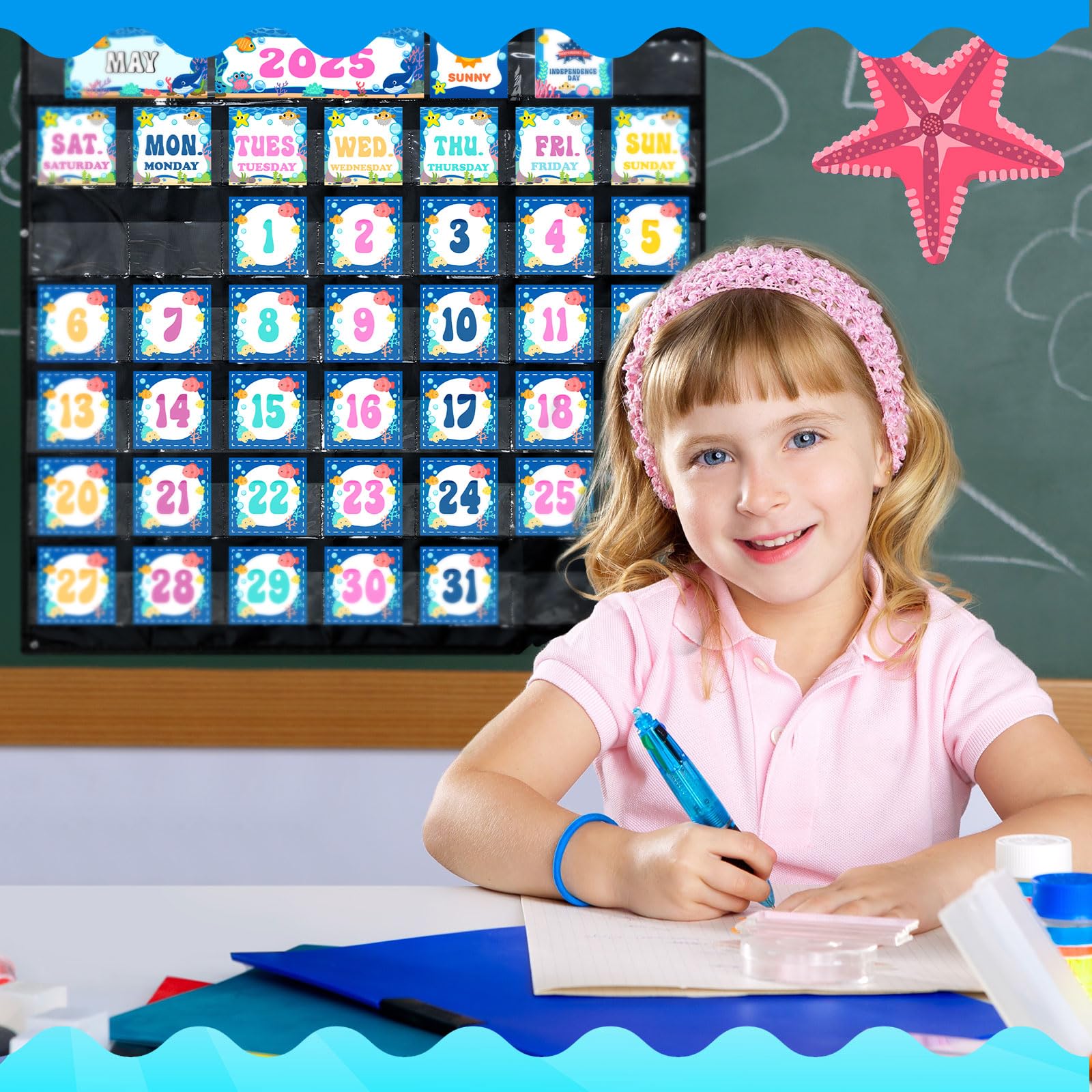 AmazingSpark Calendario de aula con calendario de bolsillo, calendario oceánico, tablón de anuncios con bolsillo, tabla meteorológica para decoración de aula, suministros de regreso a la escuela