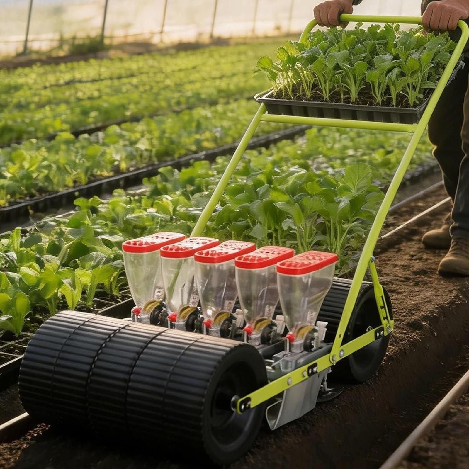 Drmoxin Hand-Pushed Vegetable Planter,Adjustable Row Spacing/Plant Spacing/Depth,Hand Push Seeder with Wheels,for Sowing Corn Leeks Spinach Radishes, Leeks 5row