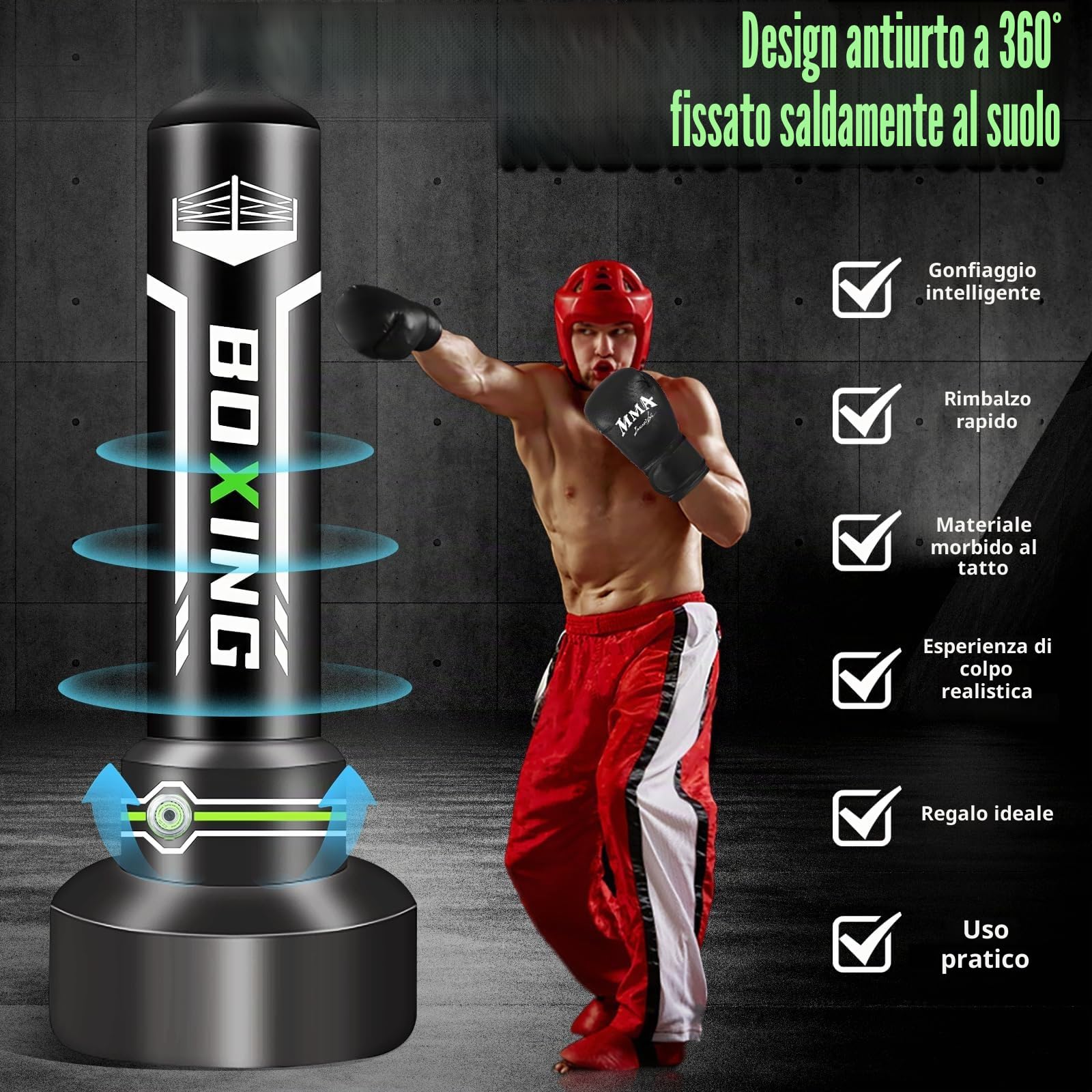 Sacco da boxe 2 in 1 per adulti, 180 cm autogonfiante, pesante, con guantoni da boxe e pompa ad aria integrata, per allenamento MMA, Muay Thai, fitness, principianti