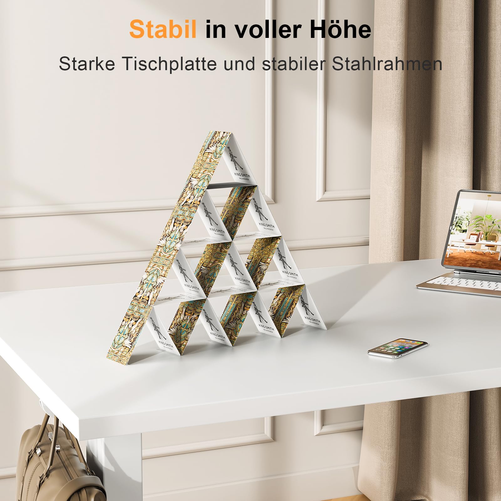 WALKINGDESK Höhenverstellbarer Schreibtisch 120 x 60 cm, Weiß | Elektrischer Stehschreibtisch mit Einteiliger Tischplatte, 4 Speicherpositionen, Computertisch 2 Haken für Homeoffice