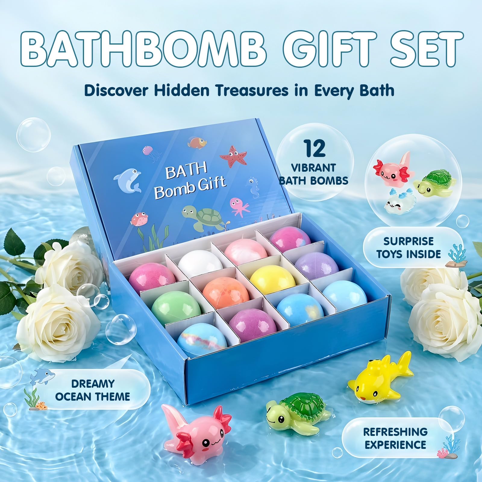 Bombe de Bain Enfant, 12 Pcs Ocean Bath Bombs for Kids, Nouve Boule de Bain Enfant avec Surprise Bombe de Bain Moussant avec Surprise Dedans, Cadeau d' anniversaire pour bébé et enfants de 4-10 ans