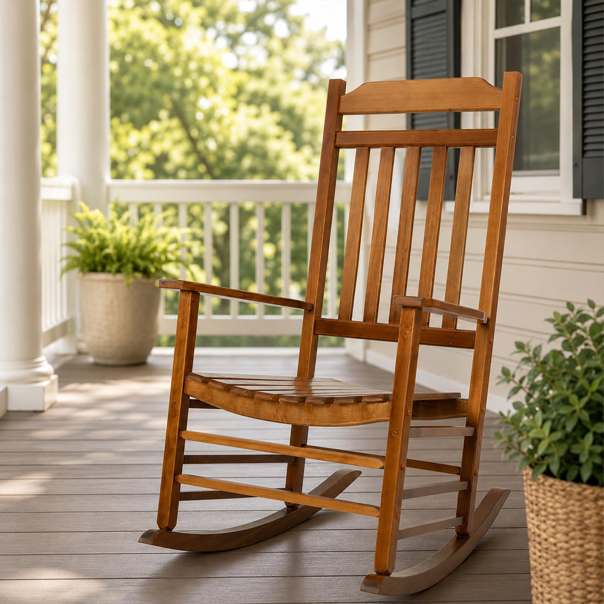 Kozyard Wooden Rocking Chair, Solid Wood Outdoor Rocker Chair with High Back & Slatted Seat, Ergonomic Porch Rocking Chair for Patio, Balcony, Garden, Indoor Outdoor Use (Natural)
