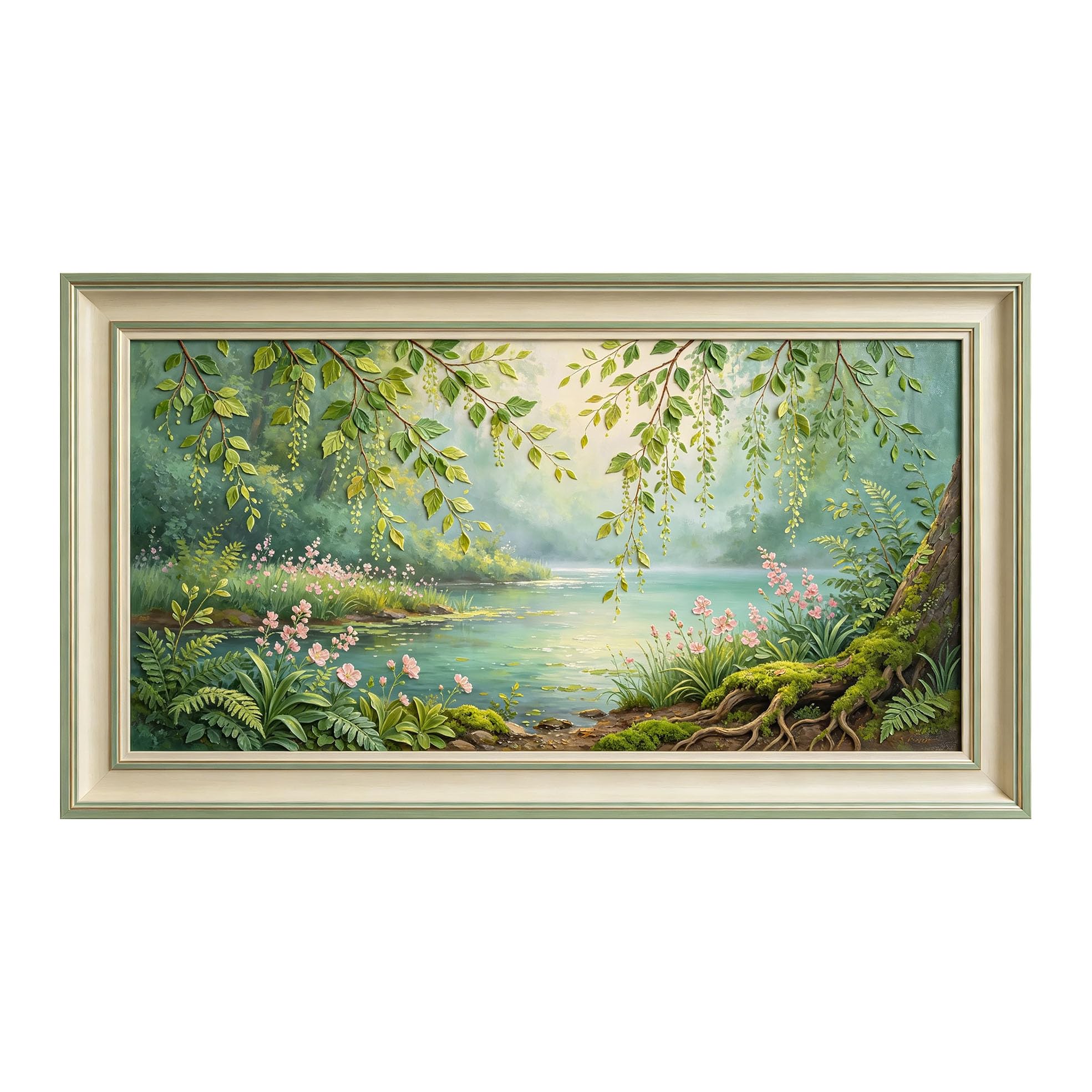 Murasolite 3D Framed Wall Art Botanical Lake Landscape Oil Painting SelfAdhesive Fabric Mural Wall Decor， Peel and Stick No Damage to Wall， AntiFall Safe Design for Bedroom Living Room