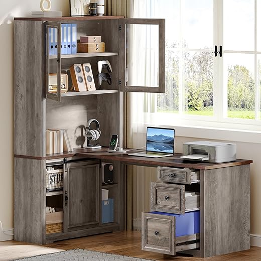 YITAHOME L Shaped Executive Desk with Hutch and Drawers, Farmhouse Home Office Desk with Power Outlet, Wood Corner Computer Desk with Sliding Door, Storage Cabinet with Glass Door, Grey & Walnut