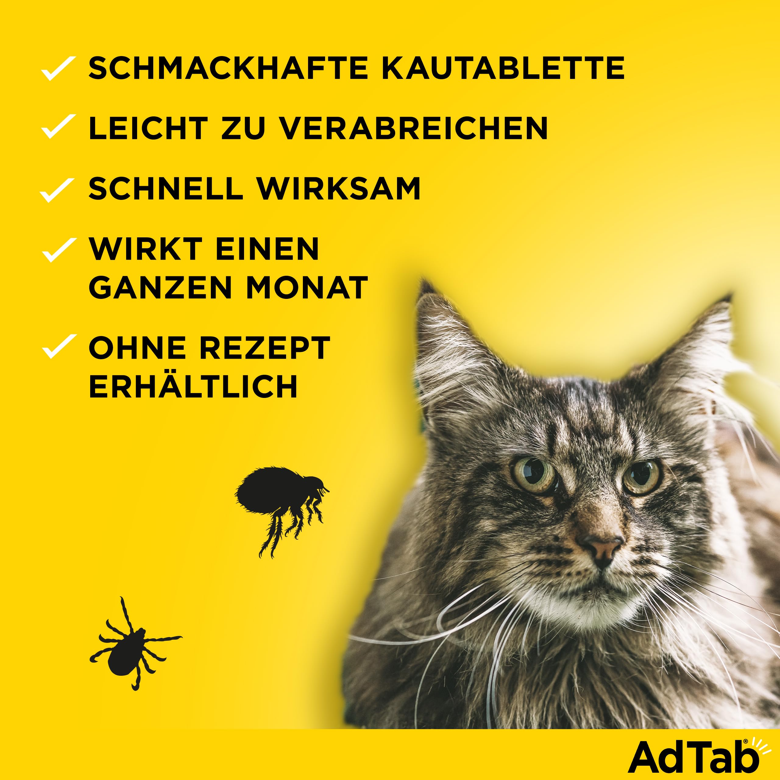 AdTab Katze 2-8 kg - Kautablette gegen Flöhe & Zecken, Doppelpack (6 St.) | Kleine, leckere Kautablette mit Vanille-Hefe-Aroma, 6 Monate Zeckenschutz und Flohschutz für deine Katze, schnelle Wirkung