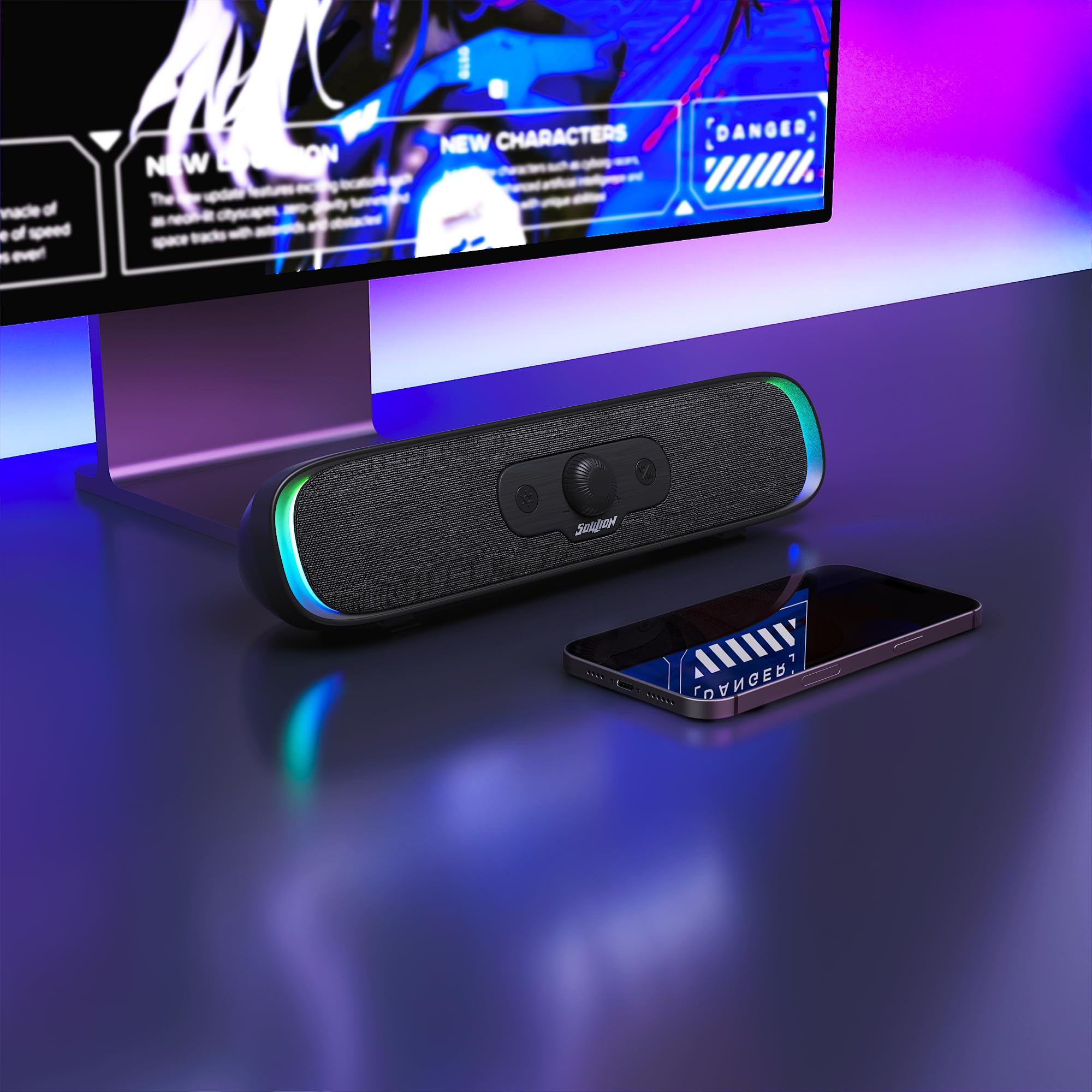 SOULION R200 Soundbar Bluetooth USB Casse per PC, Laptop, Monitor, Altoparlanti compatti con 3 effetti luminosi a LED, Alimentazione Tramite USB-C
