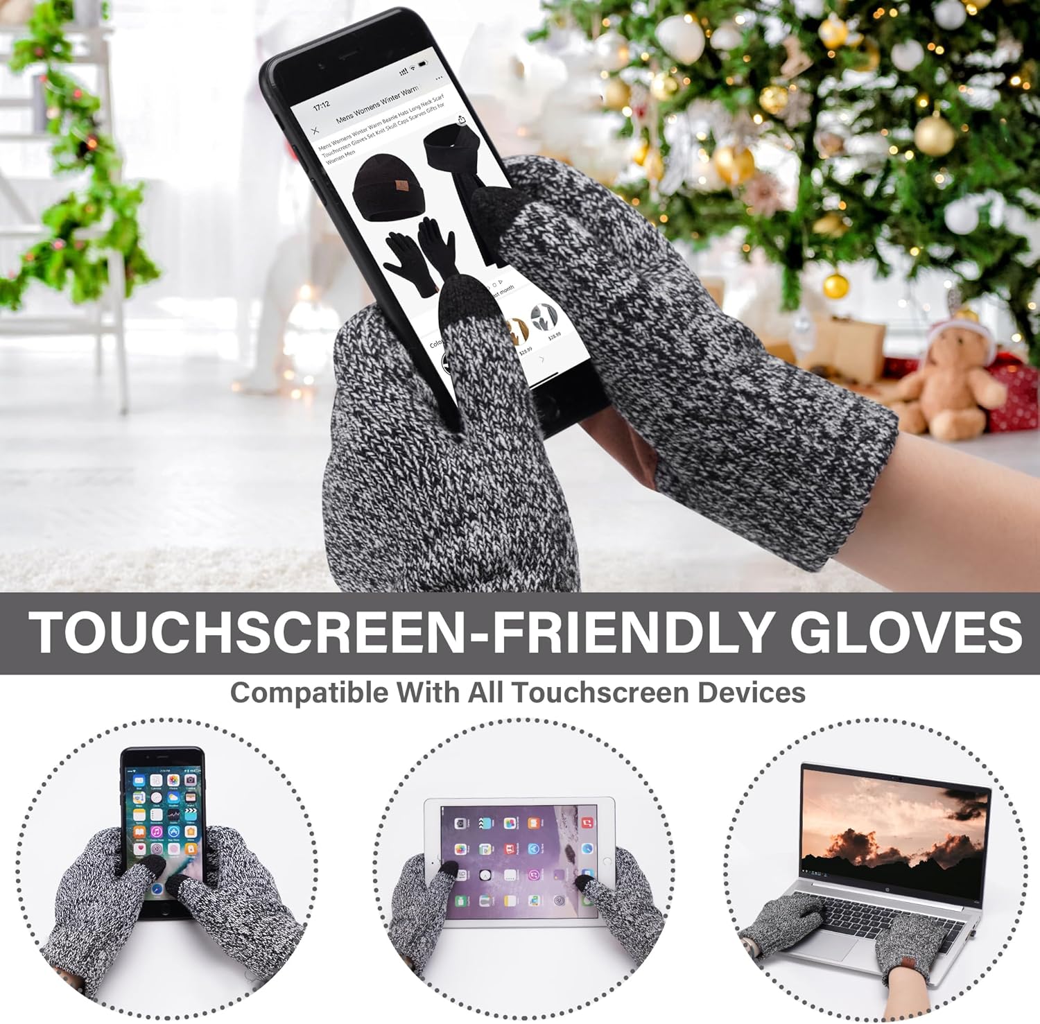 FZ FANTASTIC ZONE Mens Winter Knit Hat Beanie Long Neck Scarf Touchscreen Gloves Set Fleece Skull Caps Gifts for Men Women - Image 4