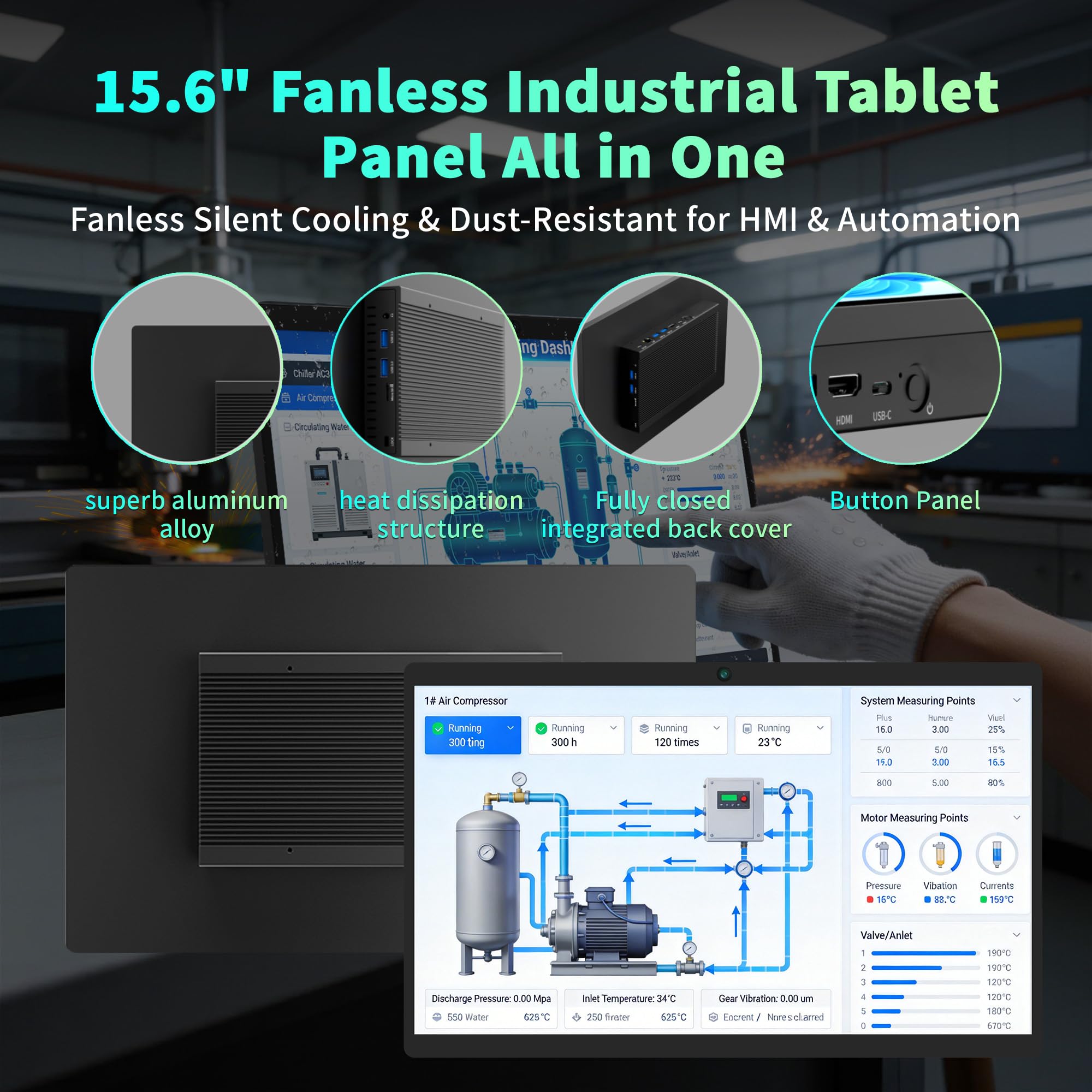 Industrial Pannello PC Win11 Pro Industrial Touch PC, 15,6" Schermo Tattile Tablet Panel All-in-One con Fotocamera Integrata 5MP, N5095 8GB RAM 128GB ROM, 1920 * 1080, Tipo C, HDMI, USB3,0