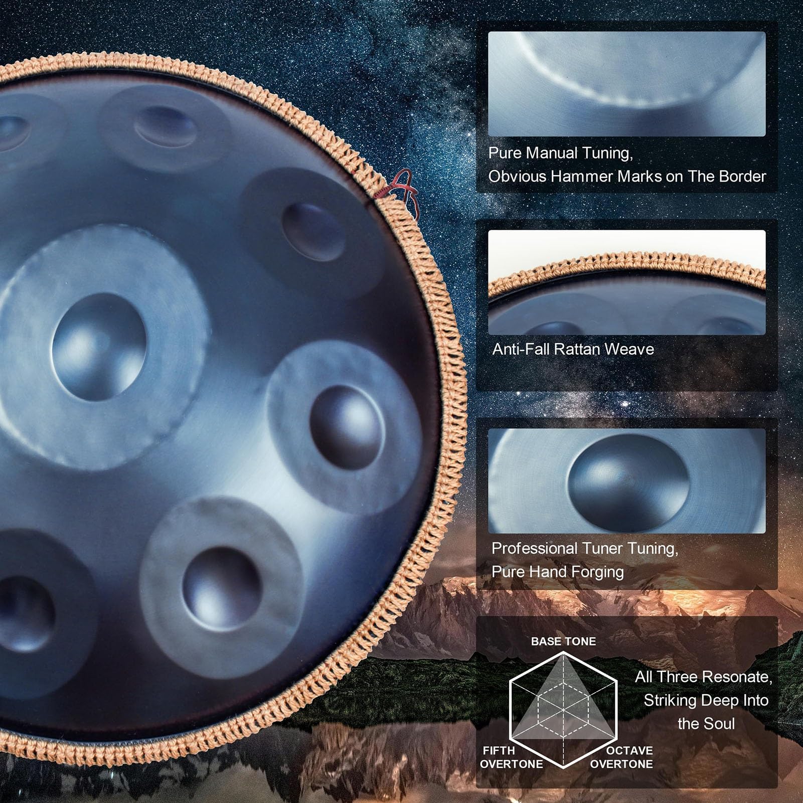 Tamburo Handpan Da 22 Pollici Per Adulti, Re Minore Curdo 9 Note 423 Hz/440 Hz Strumento A Percussione Professionale Handpan In Acciaio, Per Meditazione, Musicoterapia, Spettacoli Dal Vivo(A)