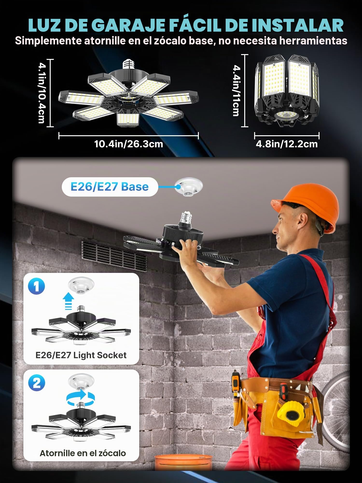 Luz de Techo LED 200W, 6 Piezas 20000LM Lámpara Deformable Con 7+1 Paneles Ajustables E27/E26 6500K Iluminación de Taller Industrial Para Garaje, Almacén, Sótano