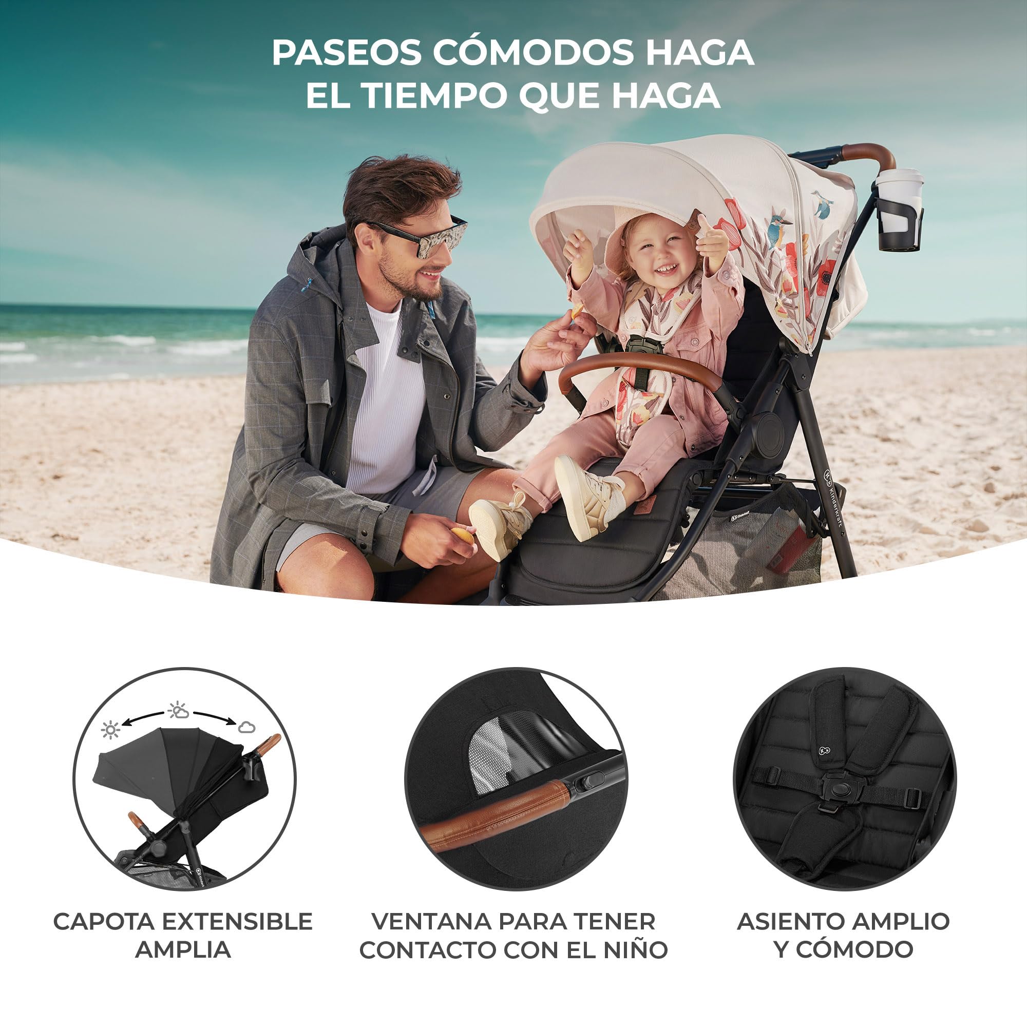 kk Kinderkraft GRANDE PLUS Silla de Paseo ligera desde Nacimiento hasta 22 kg, Plegado con una sola mano, Posición tumbada, Suspensión de todas ruedas, Capota grande XL, Negro