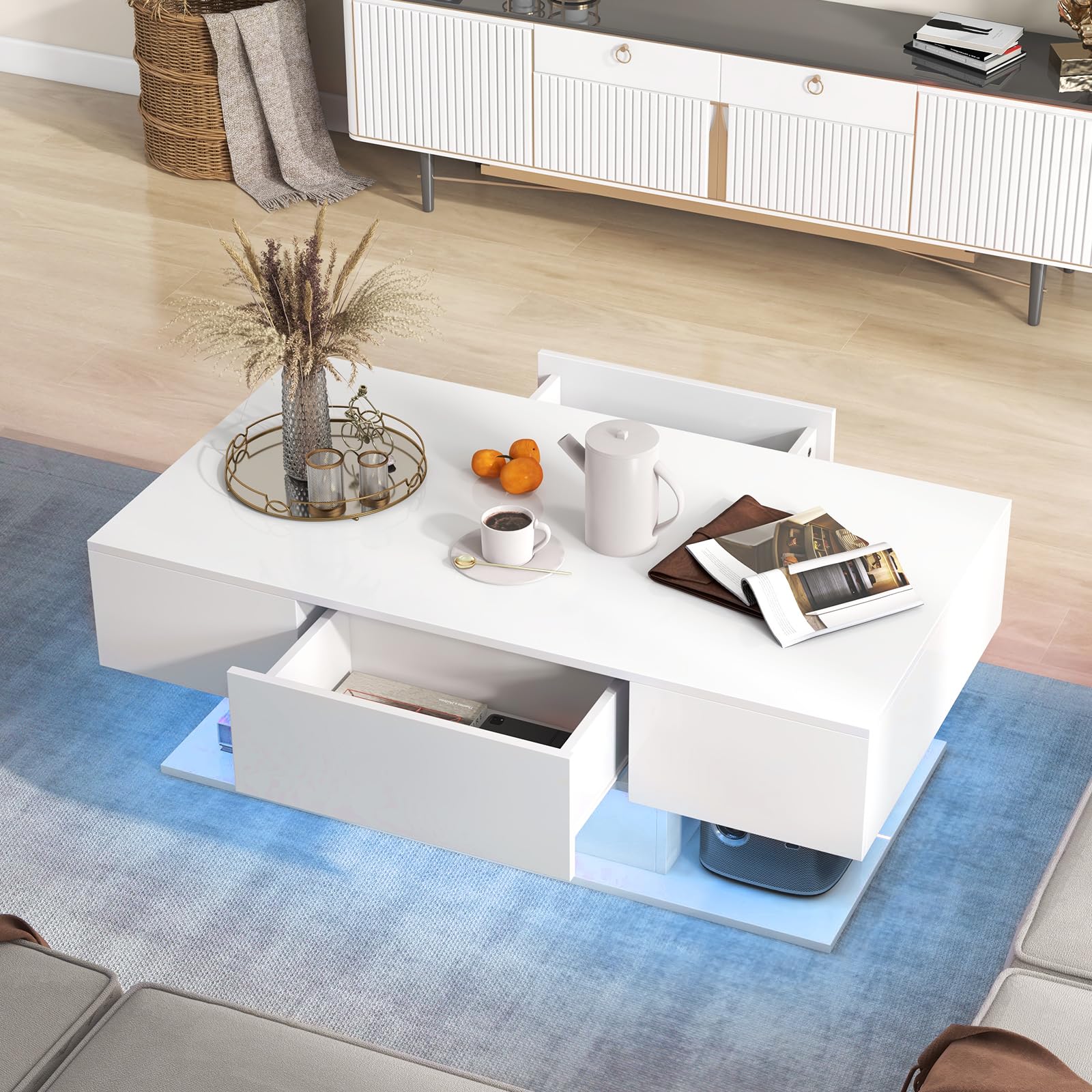 COSTWAY Couchtisch mit LED Beleuchtung, Hochglanz, 20 Farben | Helligkeit einstellbar, Wohnzimmertisch mit 2 Schubladen, Kaffeetisch für Wohnzimmer, inkl. Fernbedienung, 110x60x40 cm (Weiß)