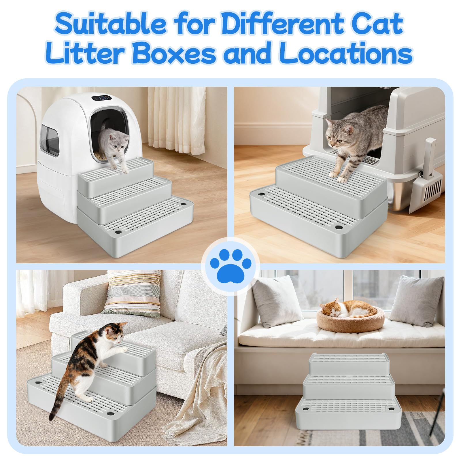 Rampe de litière Extra Large à 3 marches réglable avec Fonction de Filtre, Facile à Nettoyer, pour Chats âgés et Chatons (Gris Clair)