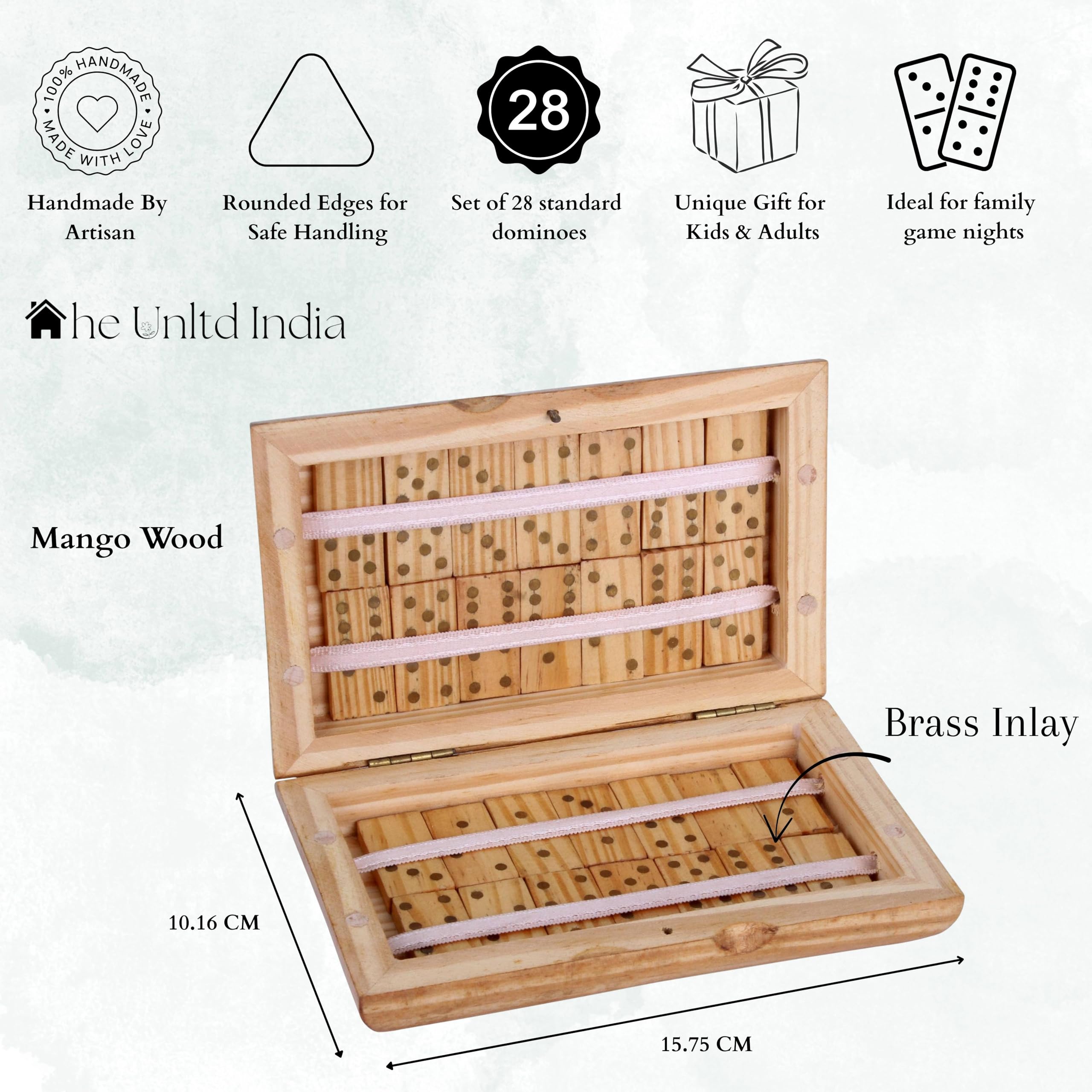 THE Unltd India Dominoes Set for Adults, Double 6 Domino Set | Traditional Travel Size Classic Board Game | 28 Dominos Pieces with Luxury Wood Box with Brass Inlay (Brown-9) - Image 2