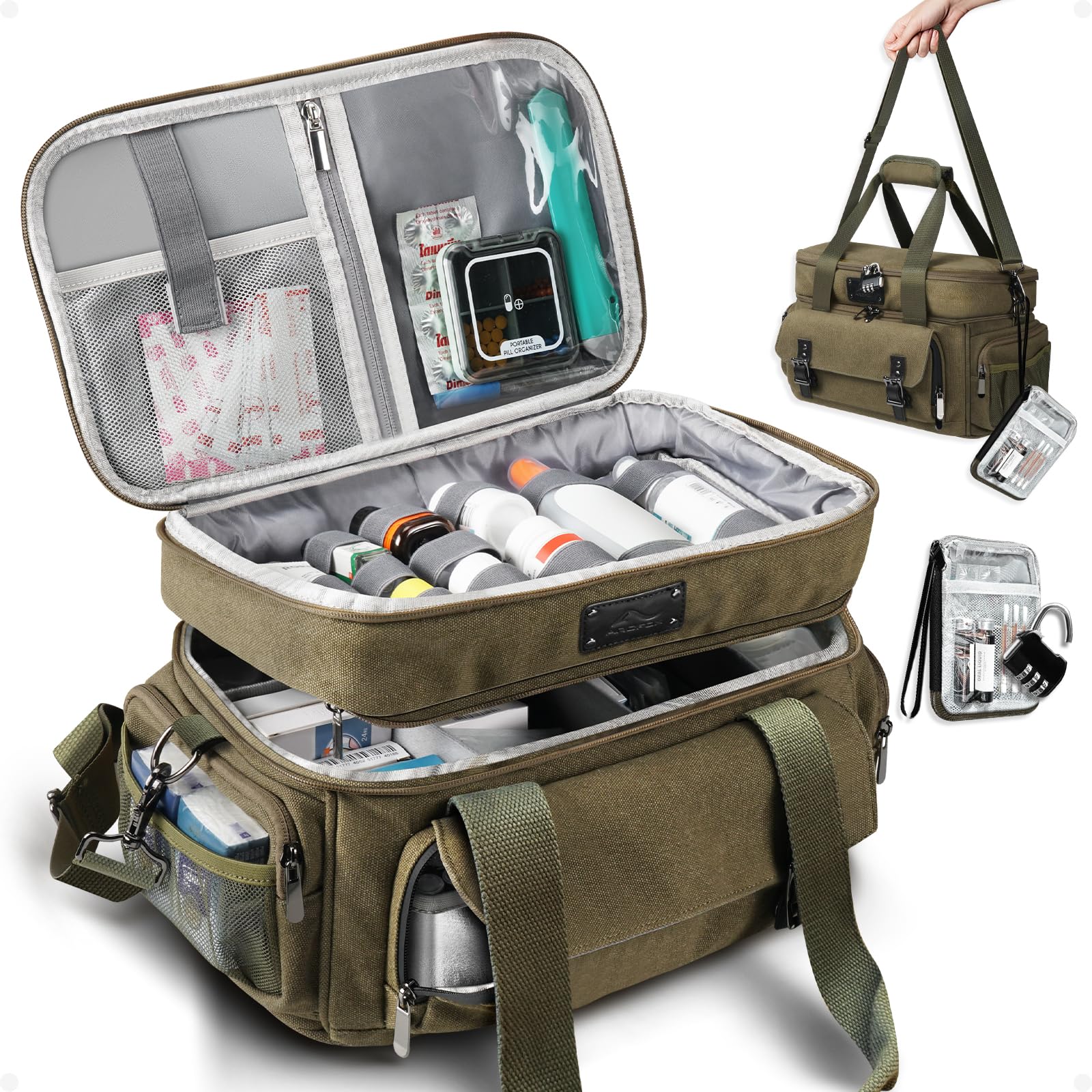 ARCFOX Medicine Storage Bag with Lock Vintage Canvas Large Pill Bottle Organizer for Men Double Layers Medication Storage