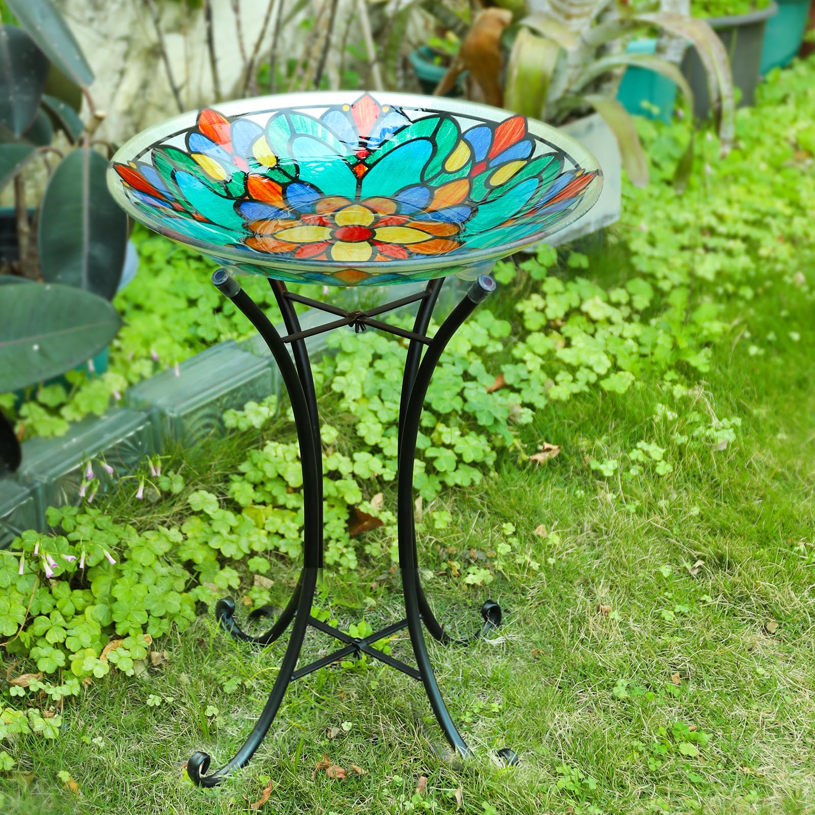 MUMTOP Vogeltränke, Vogeltränke für den Außenbereich – große Vogeltränke aus Glas mit Metallständer, symmetrische Muster, Vogelfutterspender für draußen und Garten, Terrasse, Rasendekoration