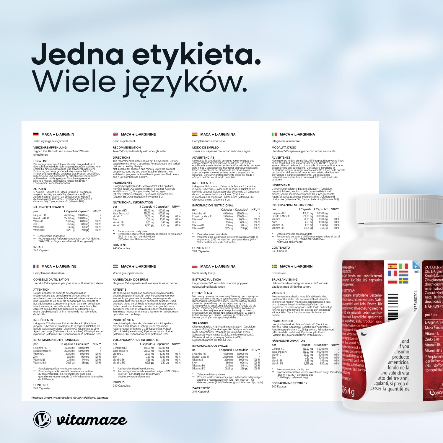 Vitamaze Maca 4000 mg + L-Arginina 1800 mg + Witaminy + Cynk, 240 Kapsulek na 2 Miesiace