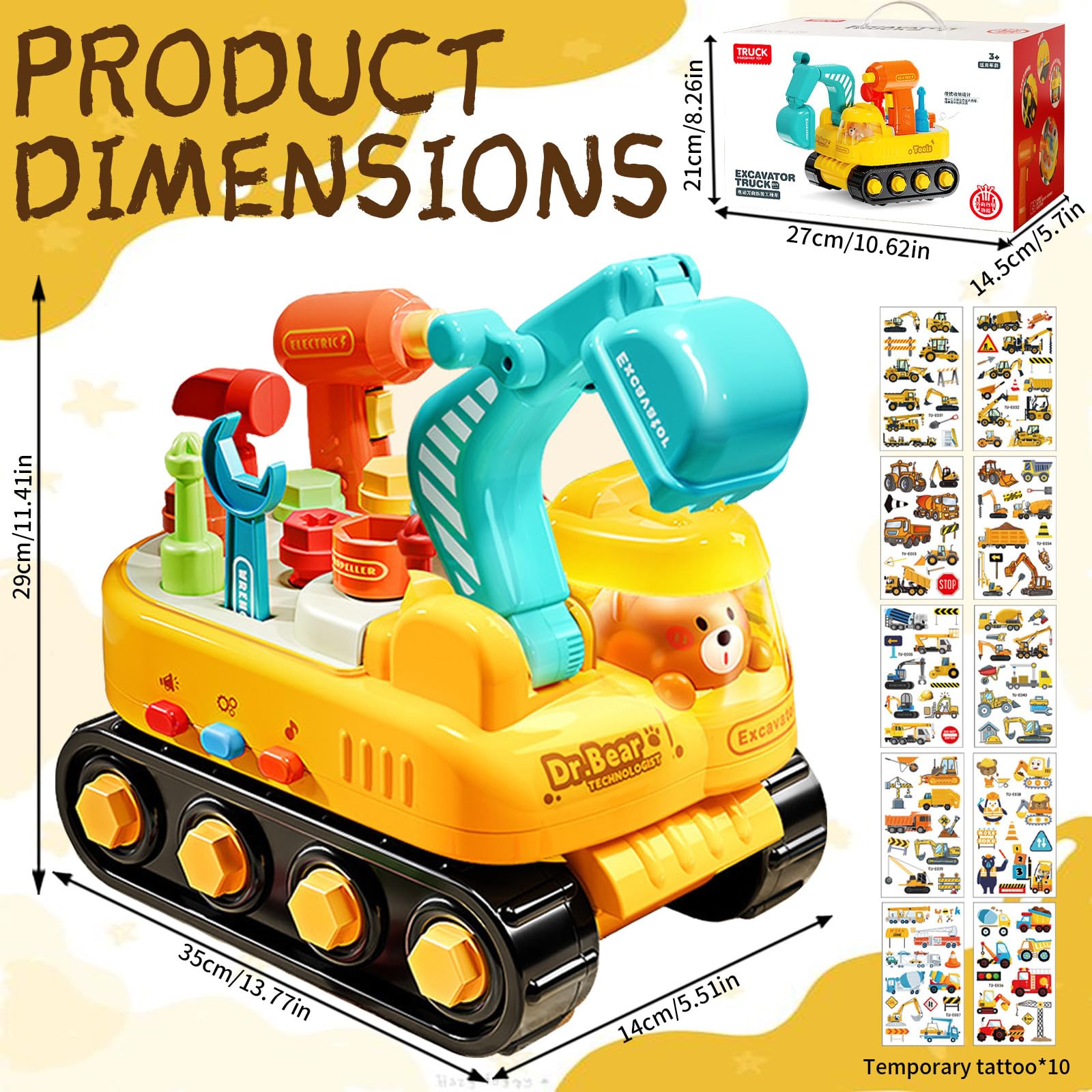 Pelleteuse Enfant, Bricolage Engin de Chantier Enfant avec LED éclairage & Musique, DIY Educatif Montessori Creatif Tracteur Jouet, Etabli avec Visseuse Perceuse Outilsenfant Cadeau Garcon 4 ans
