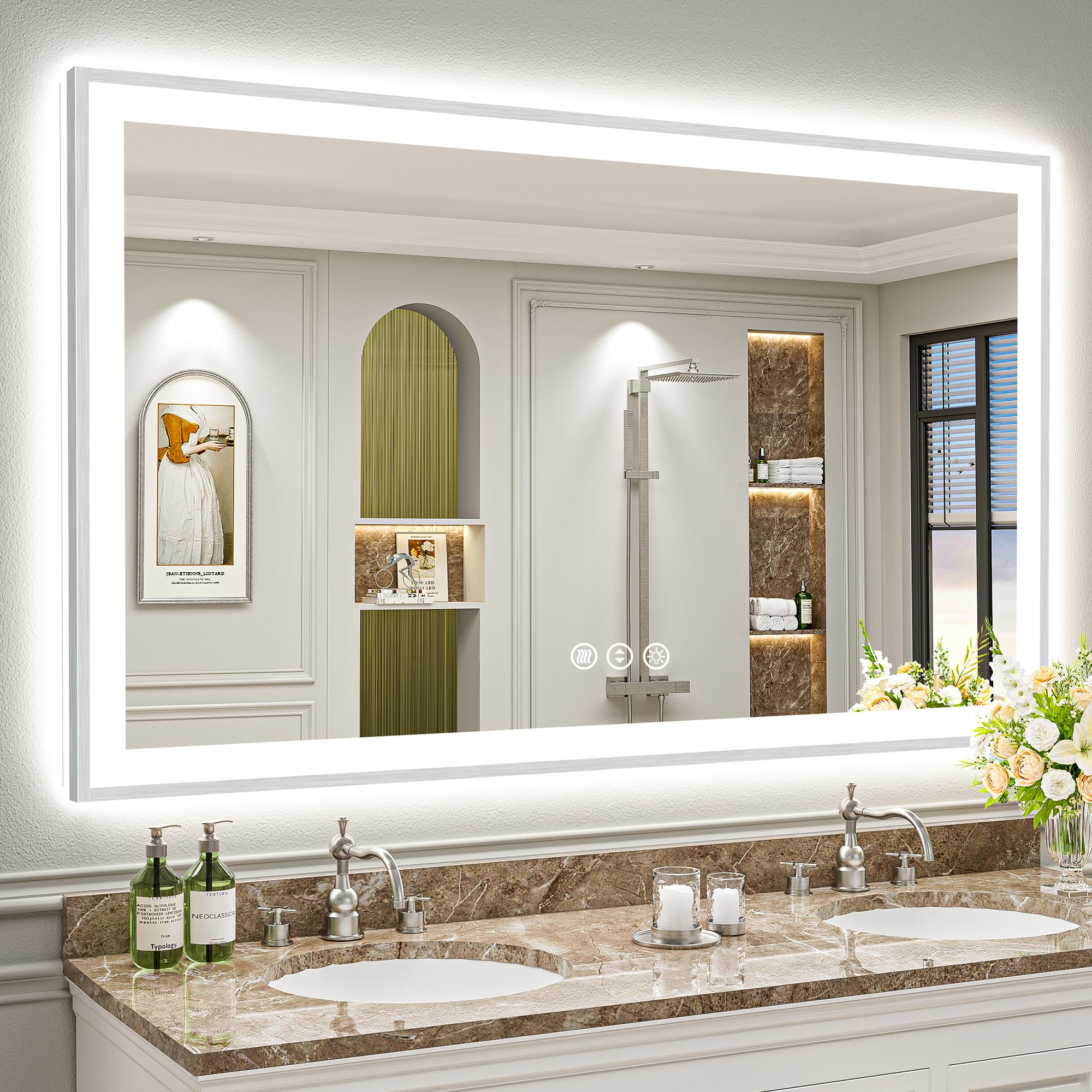 66x40 Inch Brushed Nickel LED Bathroom Mirror, Backlit &amp; Front-Lit | Silver Framed, Anti-Fog Lighted Vanity Mirror, Dimmable, 3-Color Temp, Memory, CRI95, Shatterproof, Tempered Glass, UL Listed