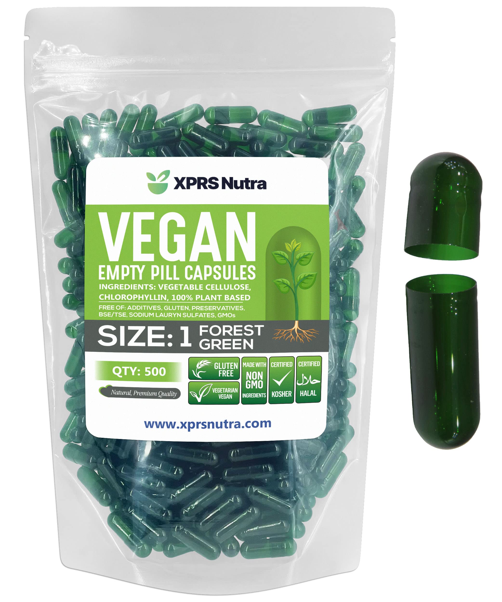 XPRS Nutra Size 1 Empty Capsules - 500 Count Empty Vegan Capsules - Vegetarian Pills - DIY Vegetable Capsule Filling- Veggie Pill Caps for Do-It-Yourself Supplements (Forest Green)
