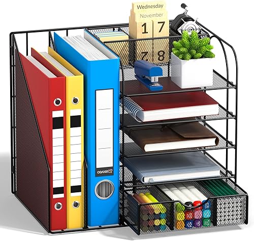 Oleciya Organizador de escritorio con soporte para archivadores, suministros de oficina de malla de 5 niveles, organizadores de escritorio y